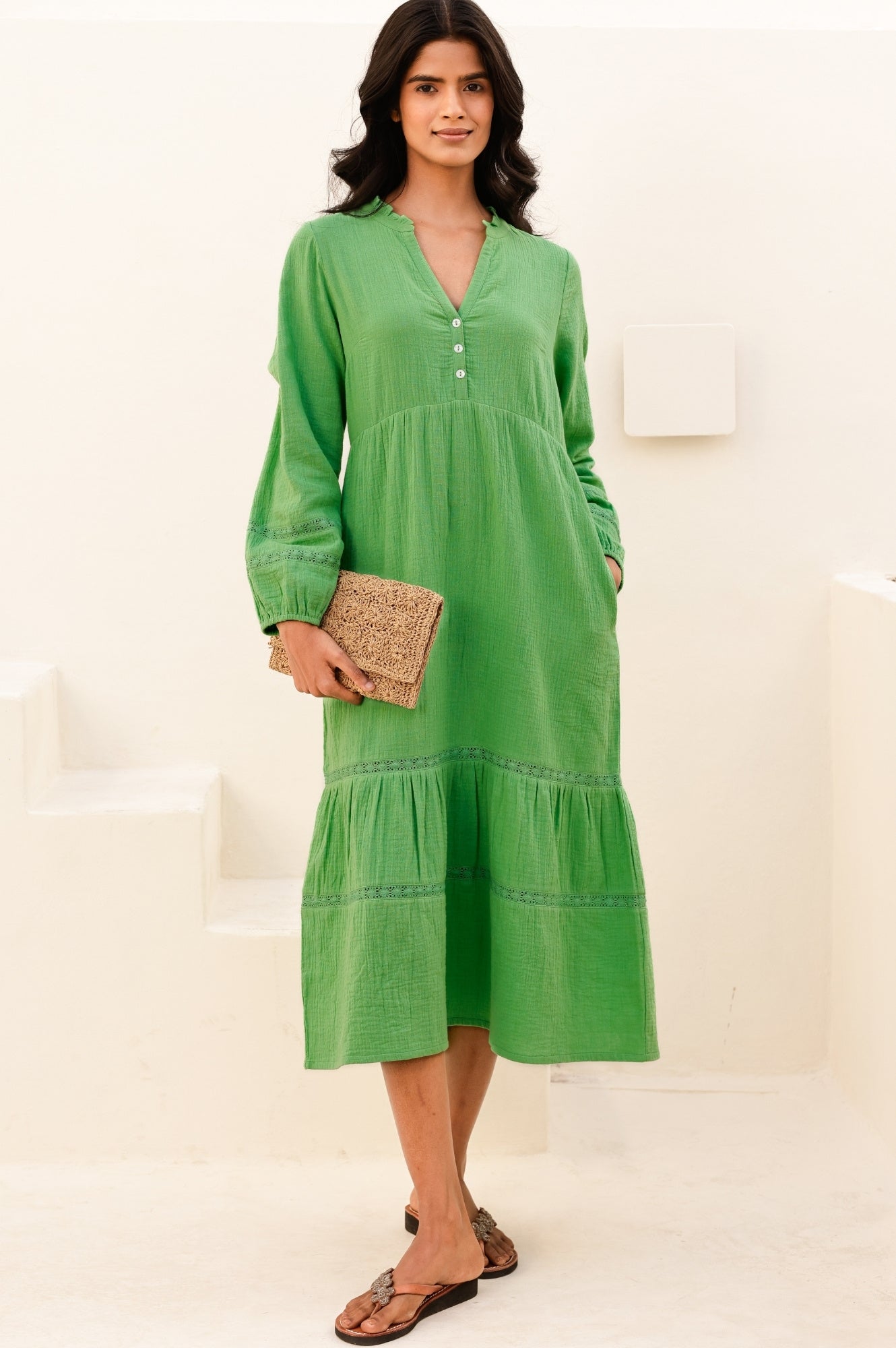 Sadie Organic Cotton Cheesecloth Dress - Soft & Breathable Green Summer Dress for Women | Perfect for Beach, Picnic & Boho Fashion