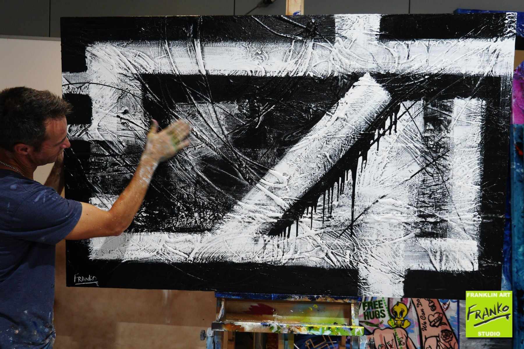 160cm x 100cm Black White Textured Abstract Geometry Painting - Modern Square Wall Art for Living Room, Bedroom & Office Decor