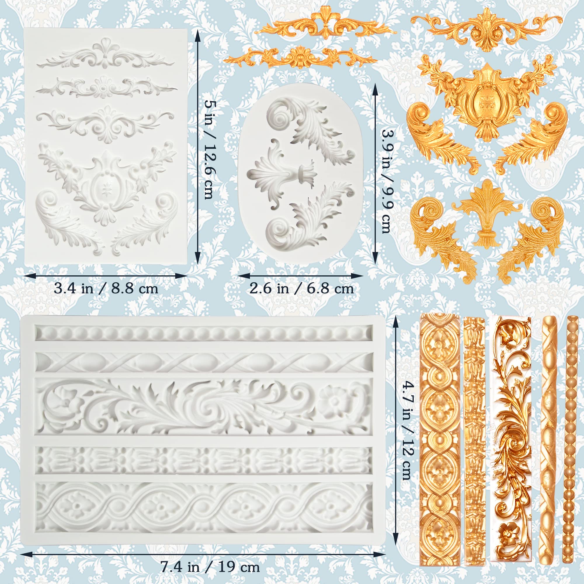3 Packs Baroque Silicone Molds for Cake Decorating - Scroll Silicone Mold, Clay Molds, Fondant Molds for Wedding, Birthday, and Party Cake Borders - Perfect for DIY Baking, Candy Making, and Home Decor