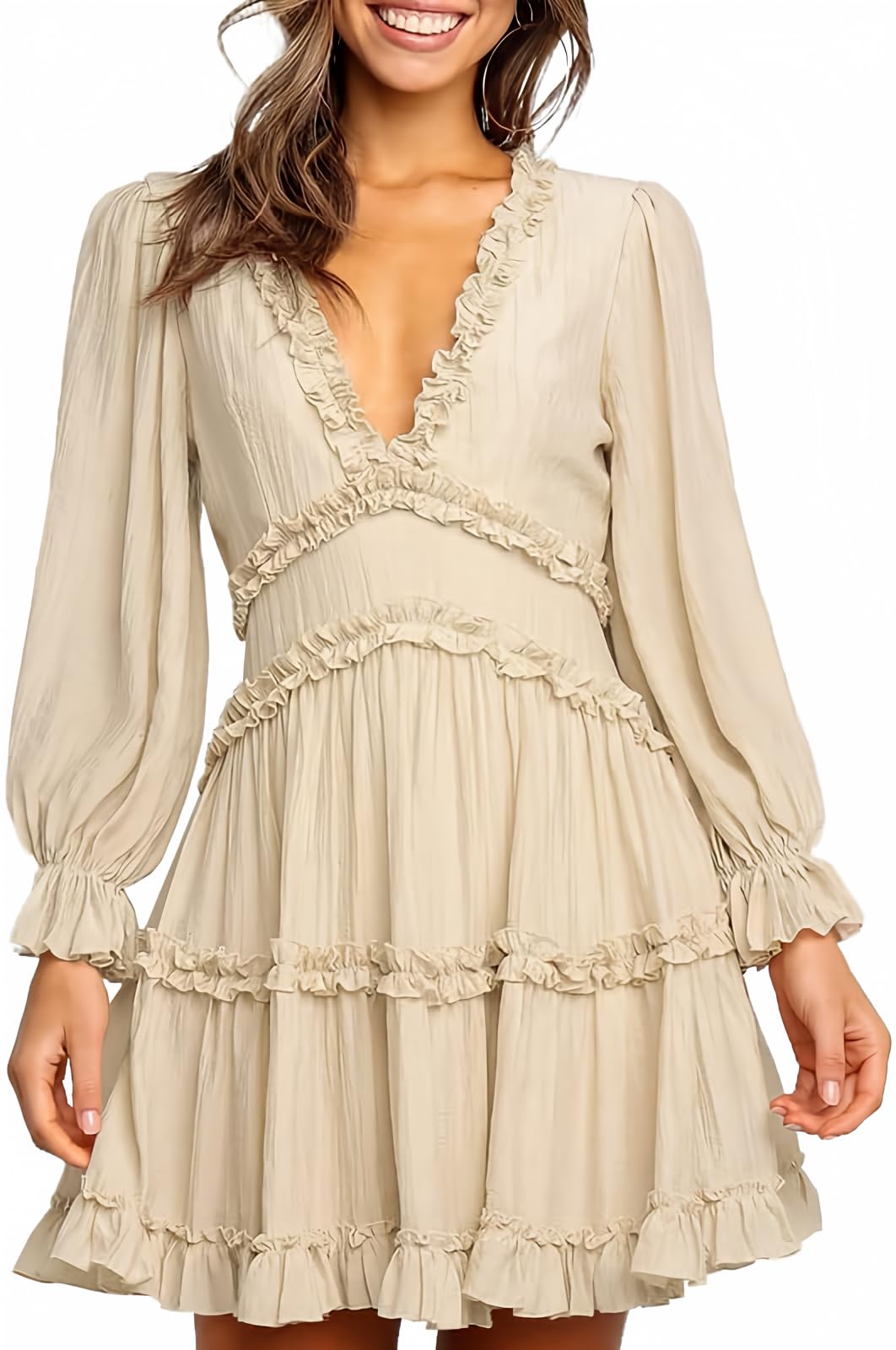 Dokotoo Women's 2025 Summer Spring Deep V-Neck Ruffle Long Sleeve Open Back Flowy Mini Dress - Sexy Party Cocktail Dress for Night Out, Date Night & Vacation