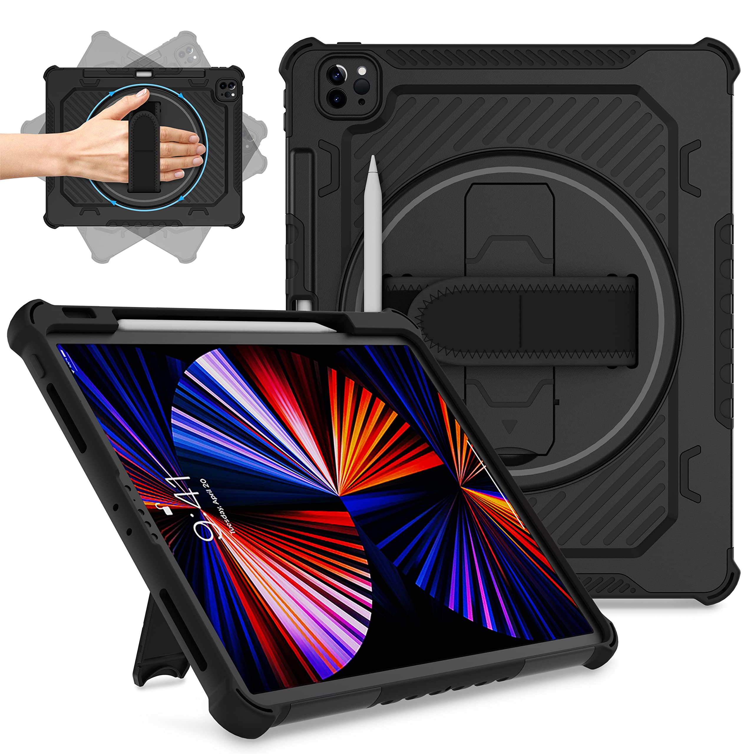 Premium Shockproof iPad Pro 12.9 Case (6th/5th/4th/3rd Gen) - Kids Friendly Protective Cover with 360° Rotating Kickstand, Hand Strap & Apple Pencil Holder | Not Compatible with iPad 12.9 2nd/1st Gen | Perfect for Home, School & Travel Use