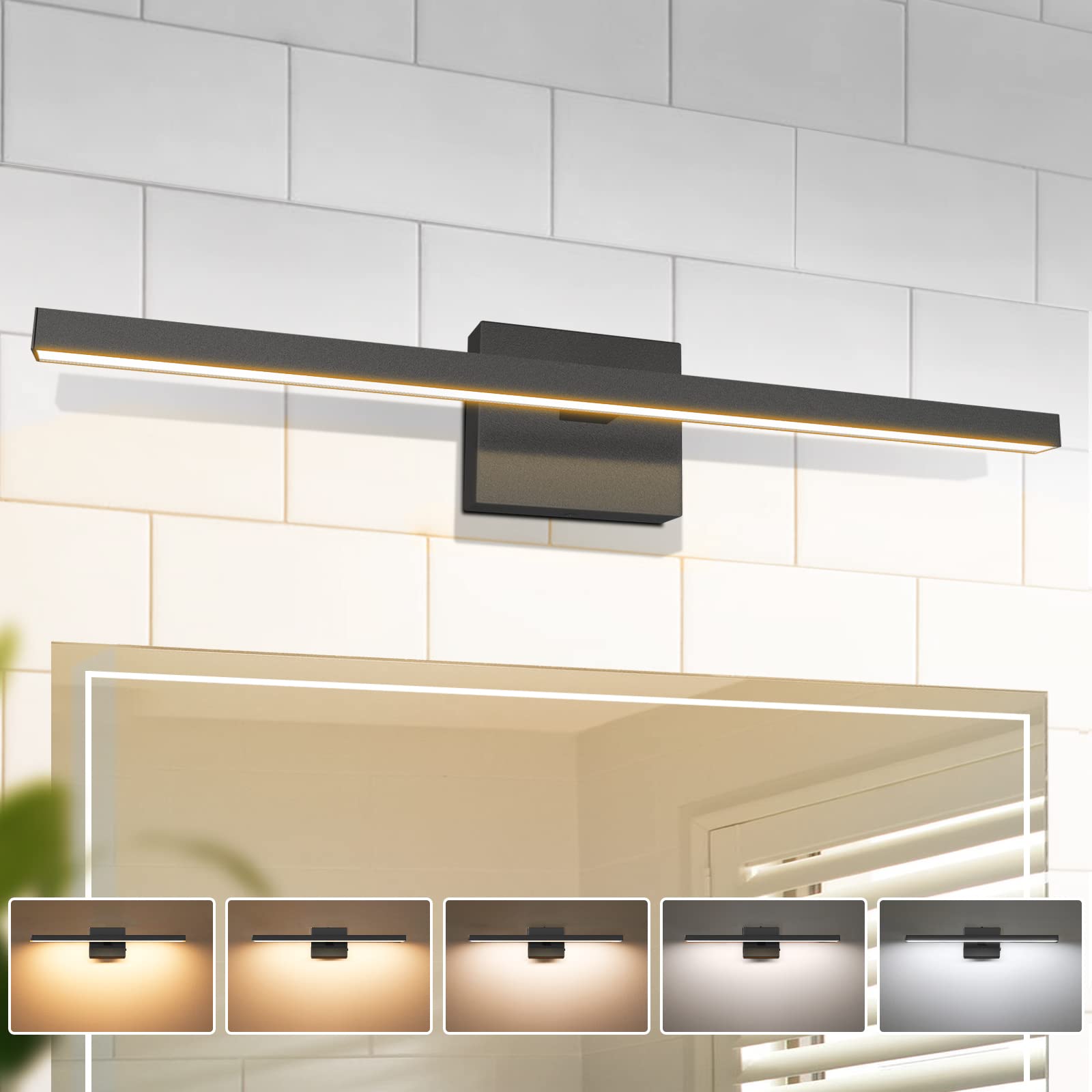 VOLISUN 23.6 Inch Modern Bathroom Vanity Light - 14W Dimmable LED Fixture with 5 Color Temperatures - Black Bar Light for Mirror, Vanity & Bathroom Cabinets - ETL Certified - Perfect for Bedroom, Powder Room & Makeup Area Lighting