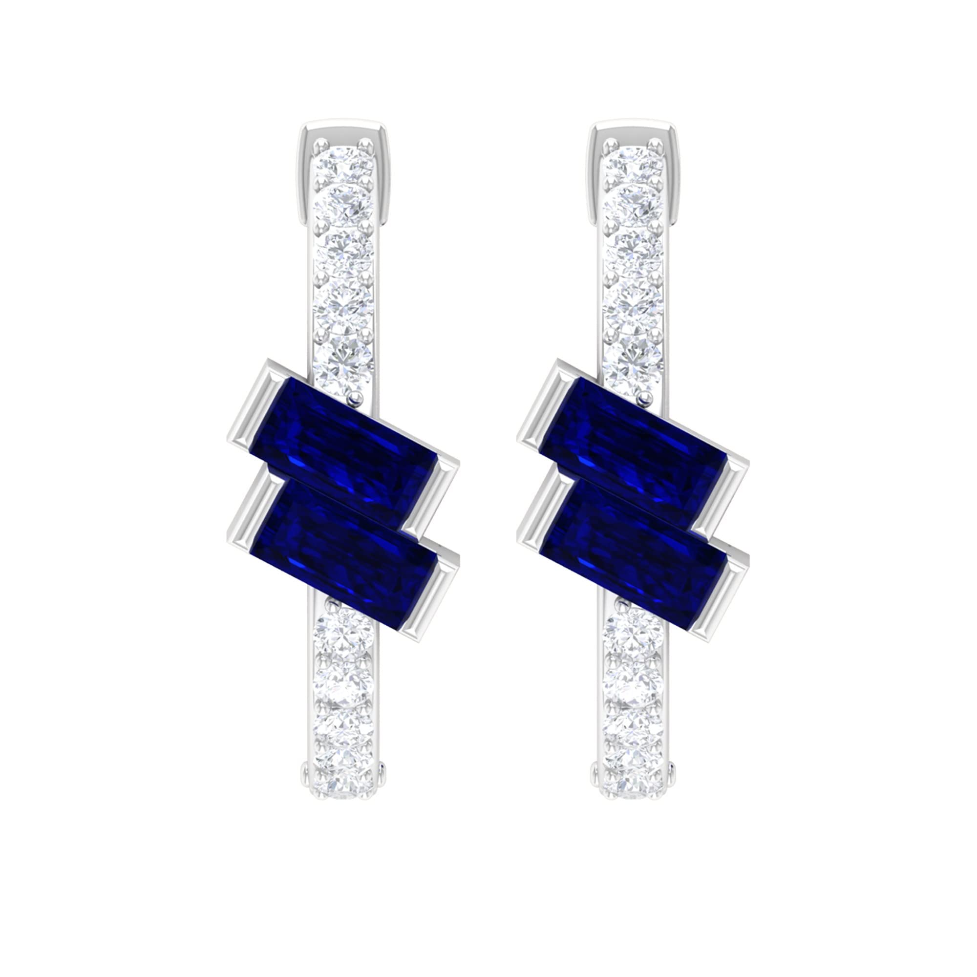 1 CT Blue Sapphire and Diamond Hoop Earrings for Women - 14K Solid Gold Minimalist Hinged Hoop Earrings with Bar Set Baguette Sapphires | Perfect for Weddings, Parties & Everyday Elegance