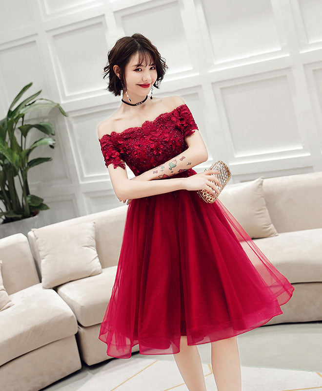 Burgundy Lace Off Shoulder Short Prom Dress for Women - Elegant Homecoming Dress for Party, Formal Events & Special Occasions