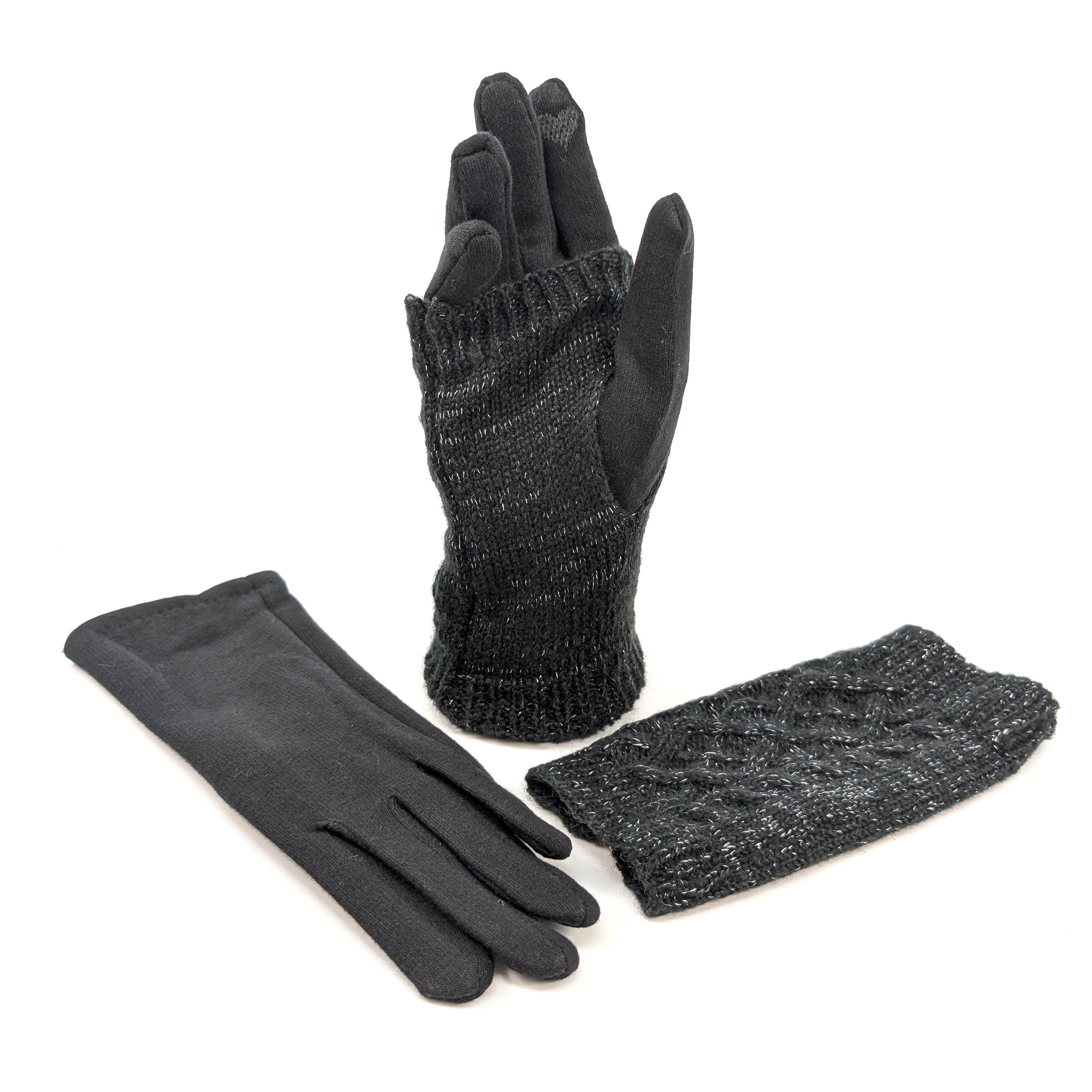 Warm Cable Knit Two-in-One Sparkle Gloves for Women - Black | Winter Fashion Accessories for Cold Weather & Holiday Outfits