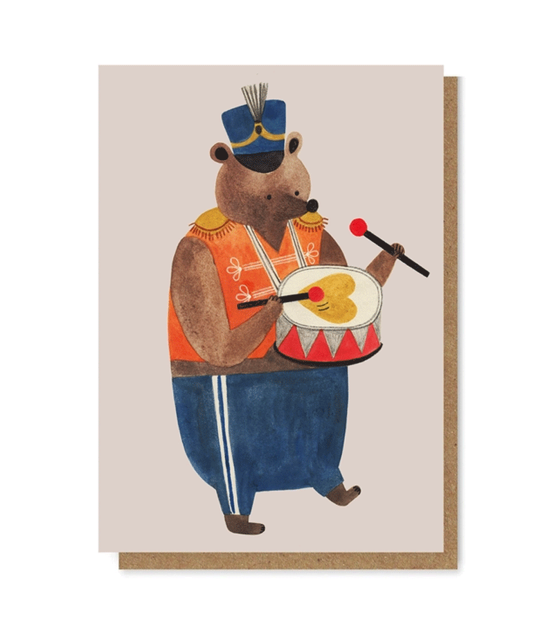Bear Drummer Greeting Card - Handmade Animal Illustration Art by Daria Solak - Perfect for Birthdays, Music Lovers & Unique Gifts