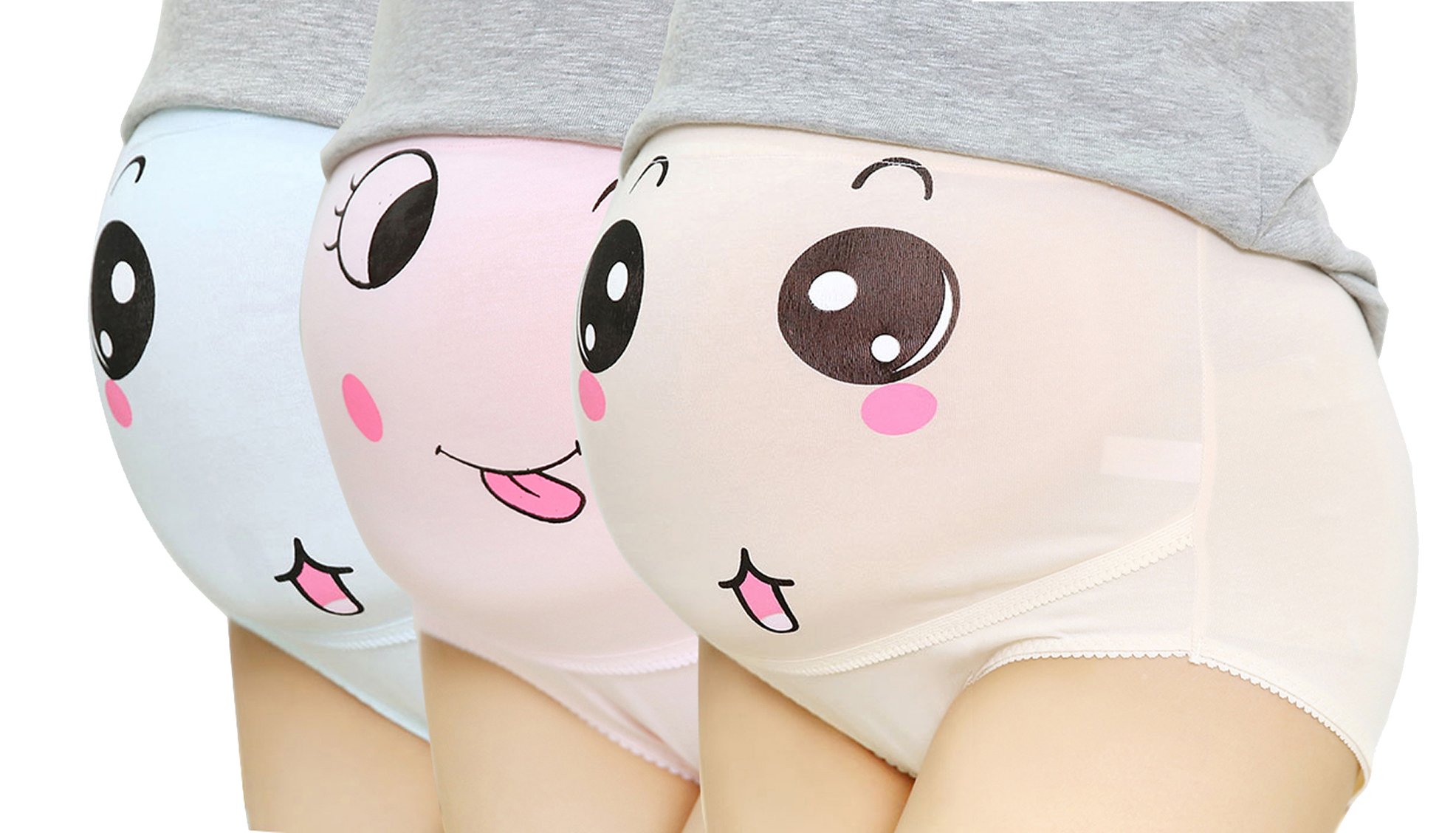 3 Pack Cotton Whisper Pregnancy Maternity Overbump Pants - Adjustable Waist with Smile Print Design | Comfortable for Daily Wear, Yoga & Sleeping