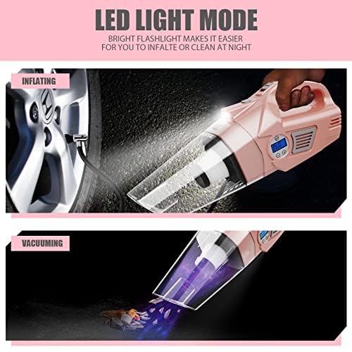 VARSK 4-in-1 High Power Car Vacuum Cleaner & Tire Inflator - 12V DC Portable Handheld Vacuum with Digital LCD Pressure Gauge, 15FT Cord & LED Light - Perfect Gift for Women, Girls & Moms (Pink) - Ideal for Car Cleaning, Home Use & Emergency Tire Inflation