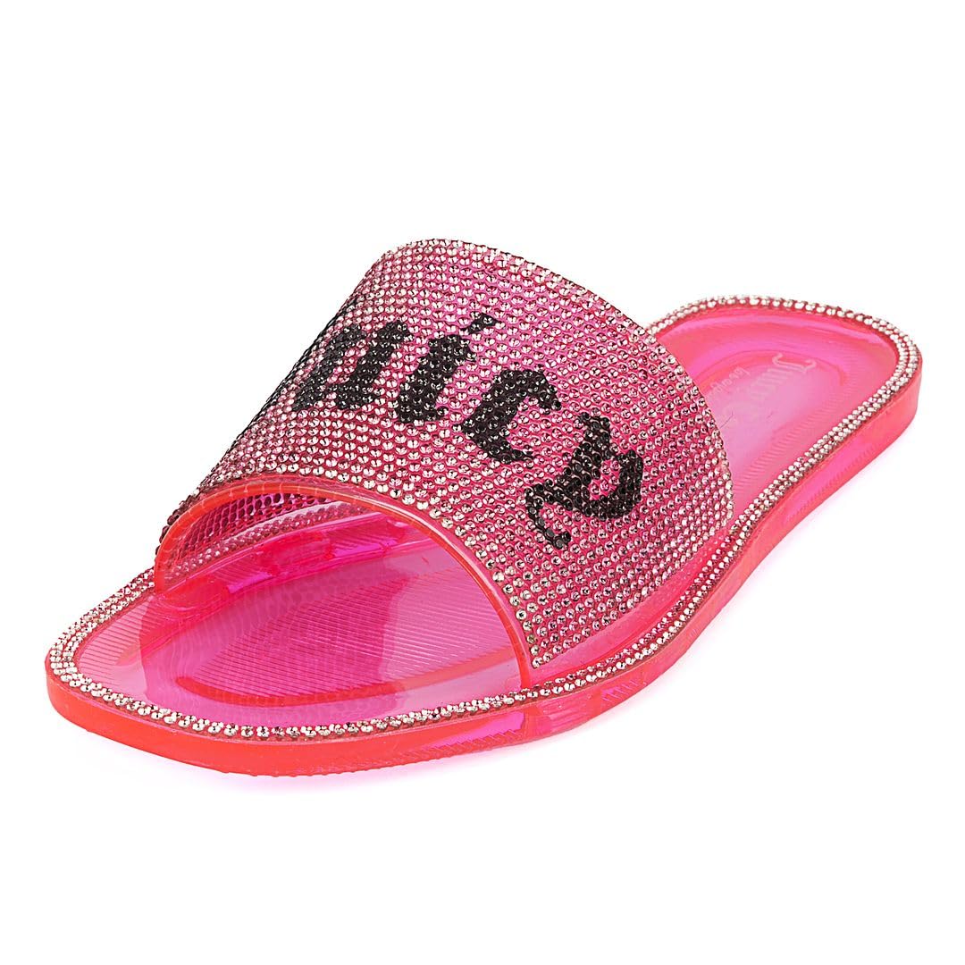 JUICY COUTURE Women's Bejeweled Flat Slide Sandals - Elegant Beach & Pool Style - Perfect for Summer Outings, Vacations, and Casual Wear