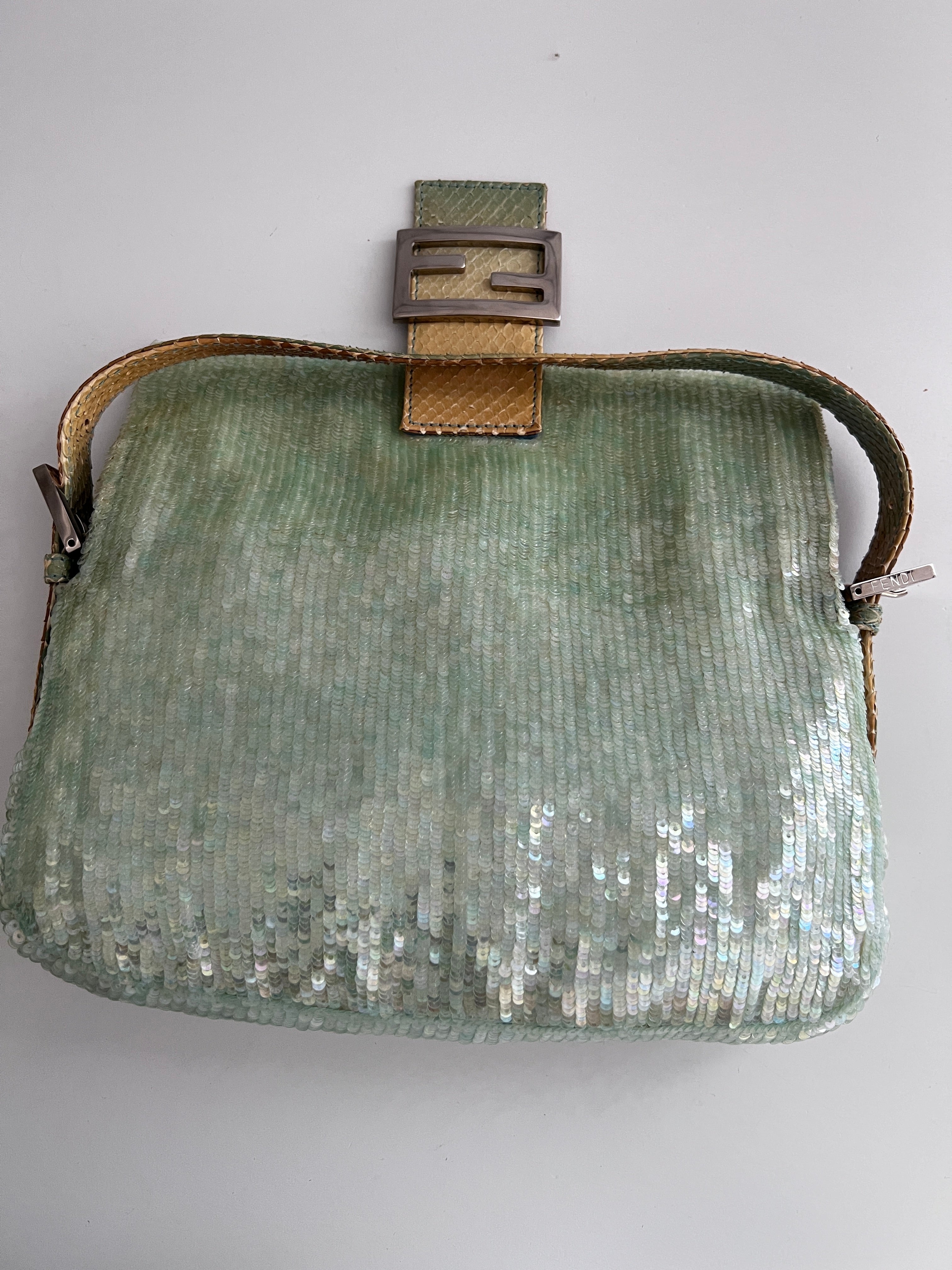 Vintage Fendi Mint Green Sequin Baguette Shoulder Bag - 90s Retro Designer Handbag for Women | Perfect for Evening Parties, Weddings & Special Occasions