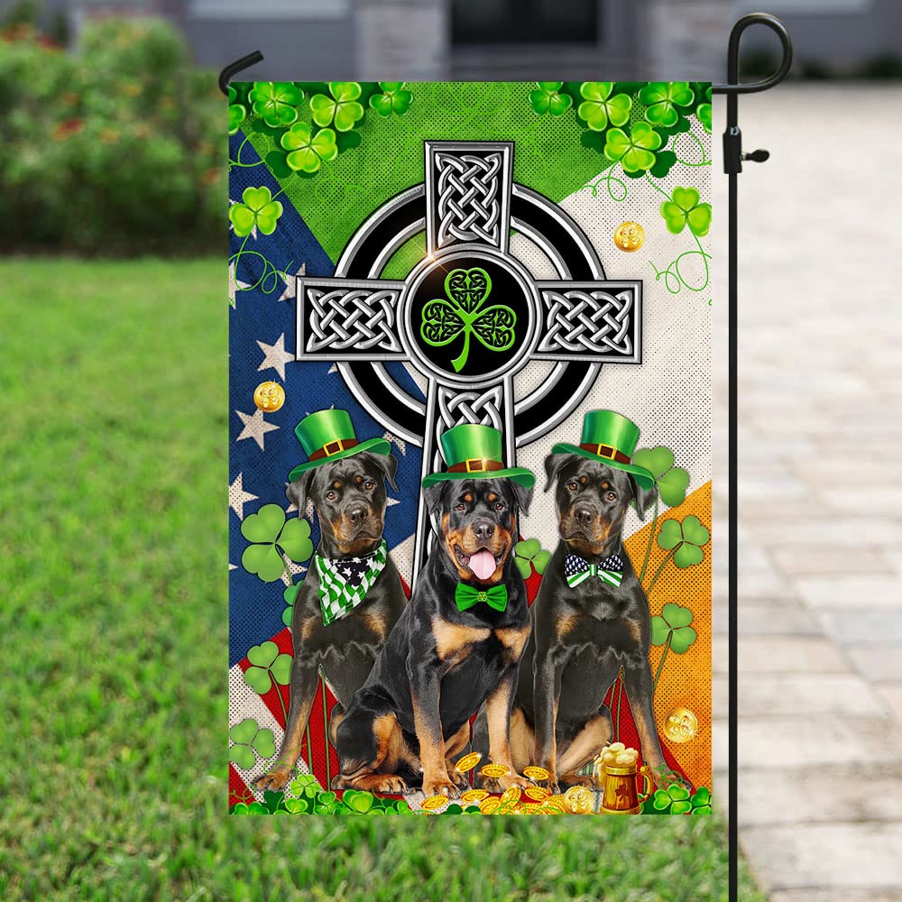 American Flag with Rottweiler Celtic Knot Cross Design - Durable Outdoor Irish Decorative Flag for Yard, Garden, and Home - Perfect for St. Patrick's Day, Irish Heritage Displays & Patriotic Decor