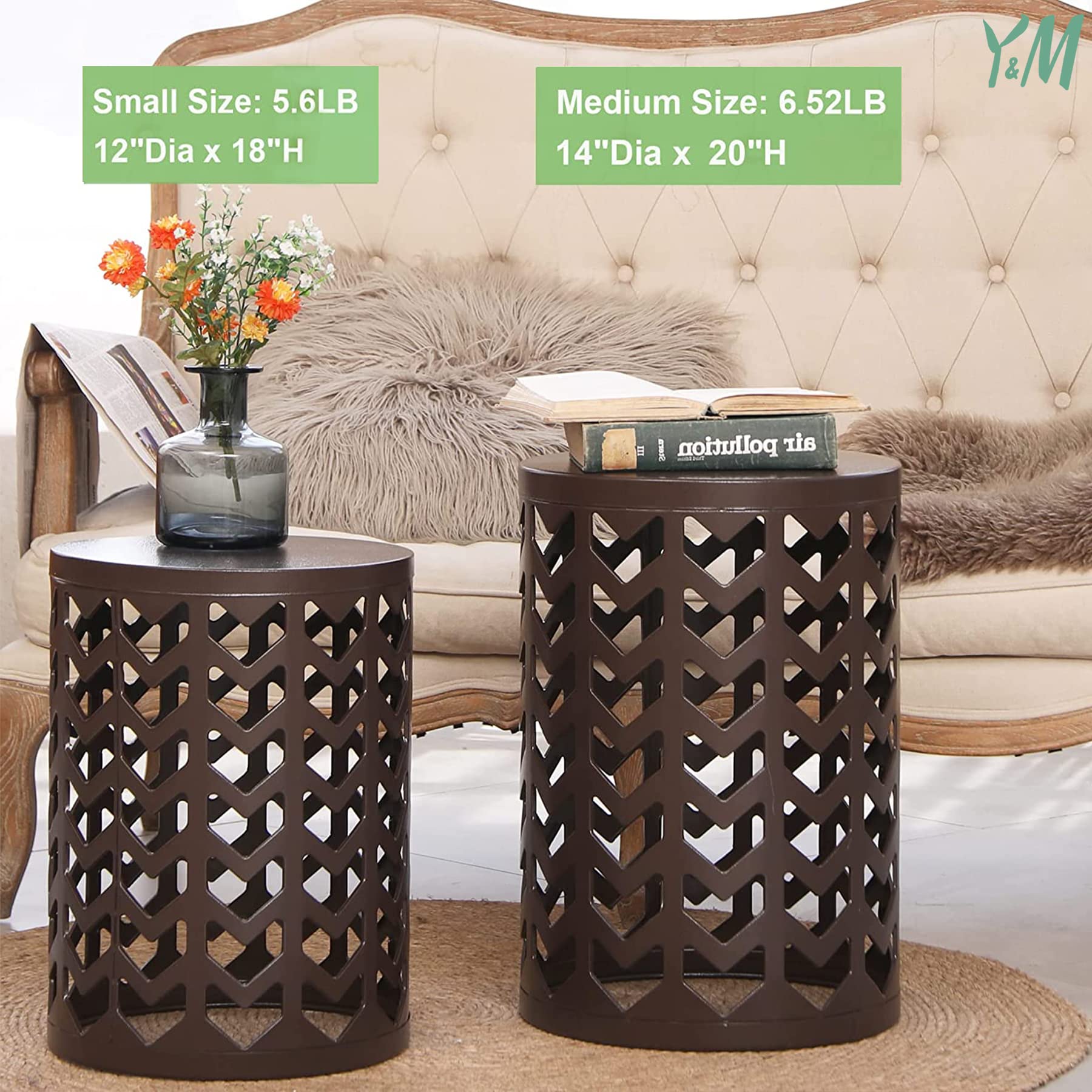 Y&M Nesting Side Table Set of 3 - Stackable Modern Industrial Coffee Tables for Living Room, Bedroom & Outdoor - Heavy Duty End Tables & Garden Stools - Pure Brown (US Shipping) | Perfect for Small Spaces, Patio Decor & Coffee Table Alternatives
