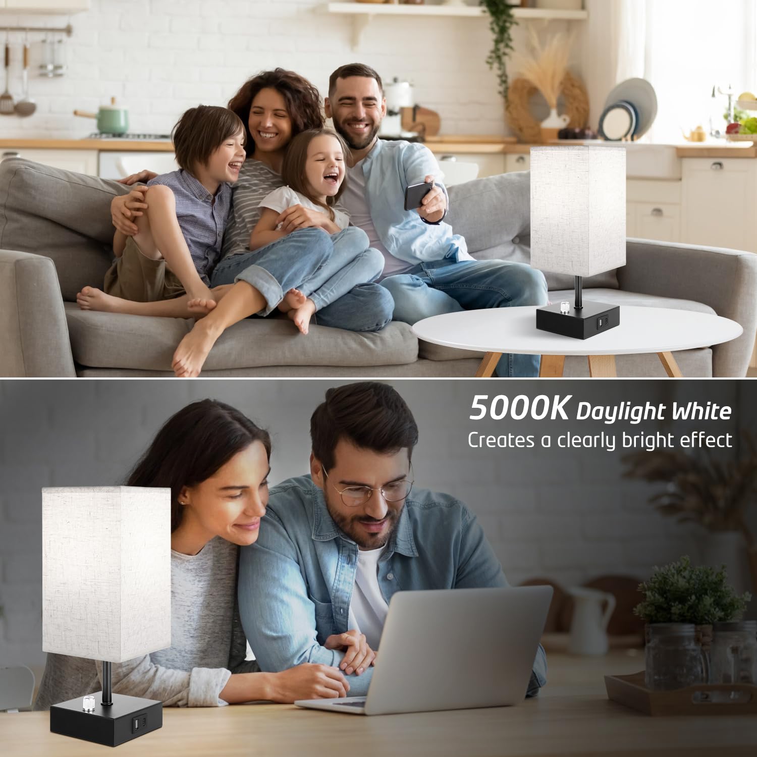 2-Pack Dimmable Bedside Lamps with USB-C/A Ports & AC Outlet - Modern Square Beige Fabric Shade & Black Metal Base Nightstand Lamps (LED Bulbs Included) for Bedroom, Kids Room, Nursery & Home Office Lighting