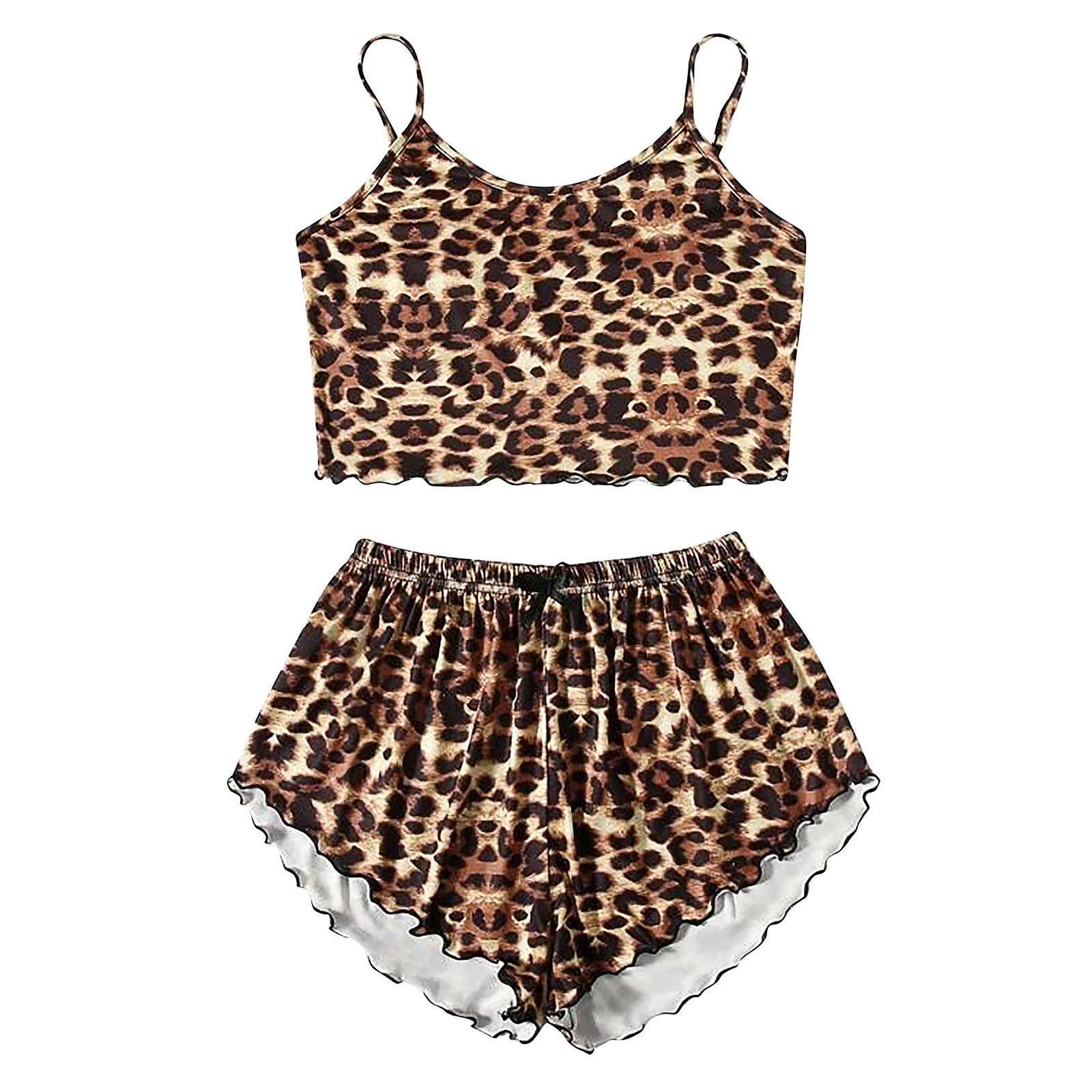 Women's Sexy Leopard Print Pajama Set - Sleeveless Crop Cami Top & Shorts Lingerie Sleepwear | Lounge & Sleep Comfort