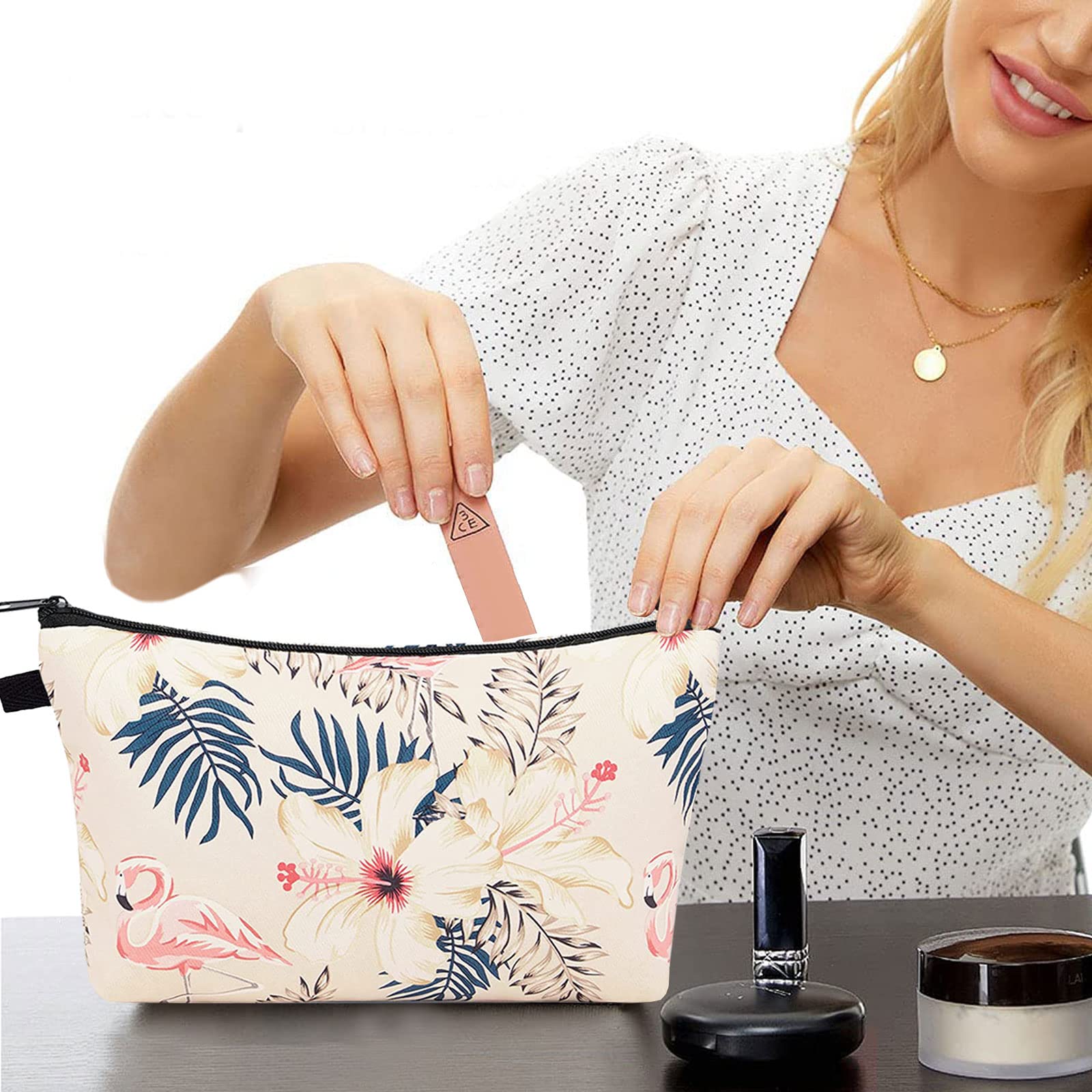 Meiyuuo 2-Pack Small Makeup Bags for Women - Pink Flamingo Cosmetic Pouches for Purse & Travel