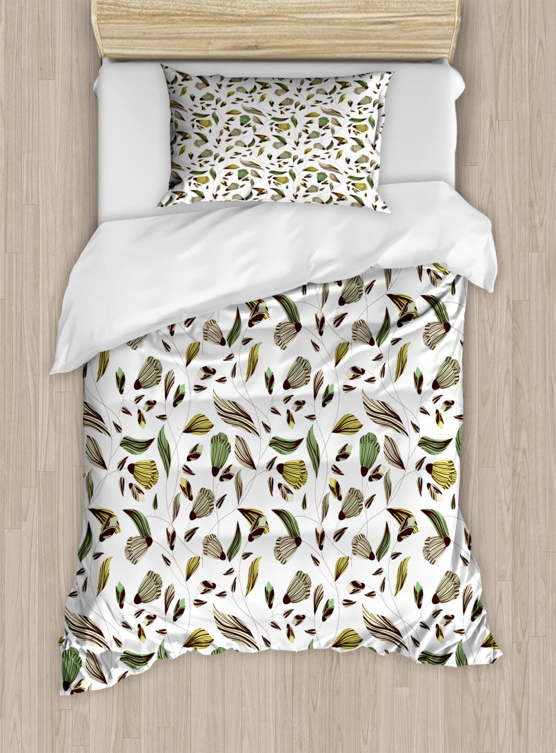Ambesonne Floral Duvet Cover Set - Earth Tone Autumn Forest Design with 2 Duvet Covers & 2 Pillowcases, Twin Size Bedding Set in Dark Brown & Fern Green | Perfect for Cozy Fall Bedrooms and Nature-Inspired Home Decor
