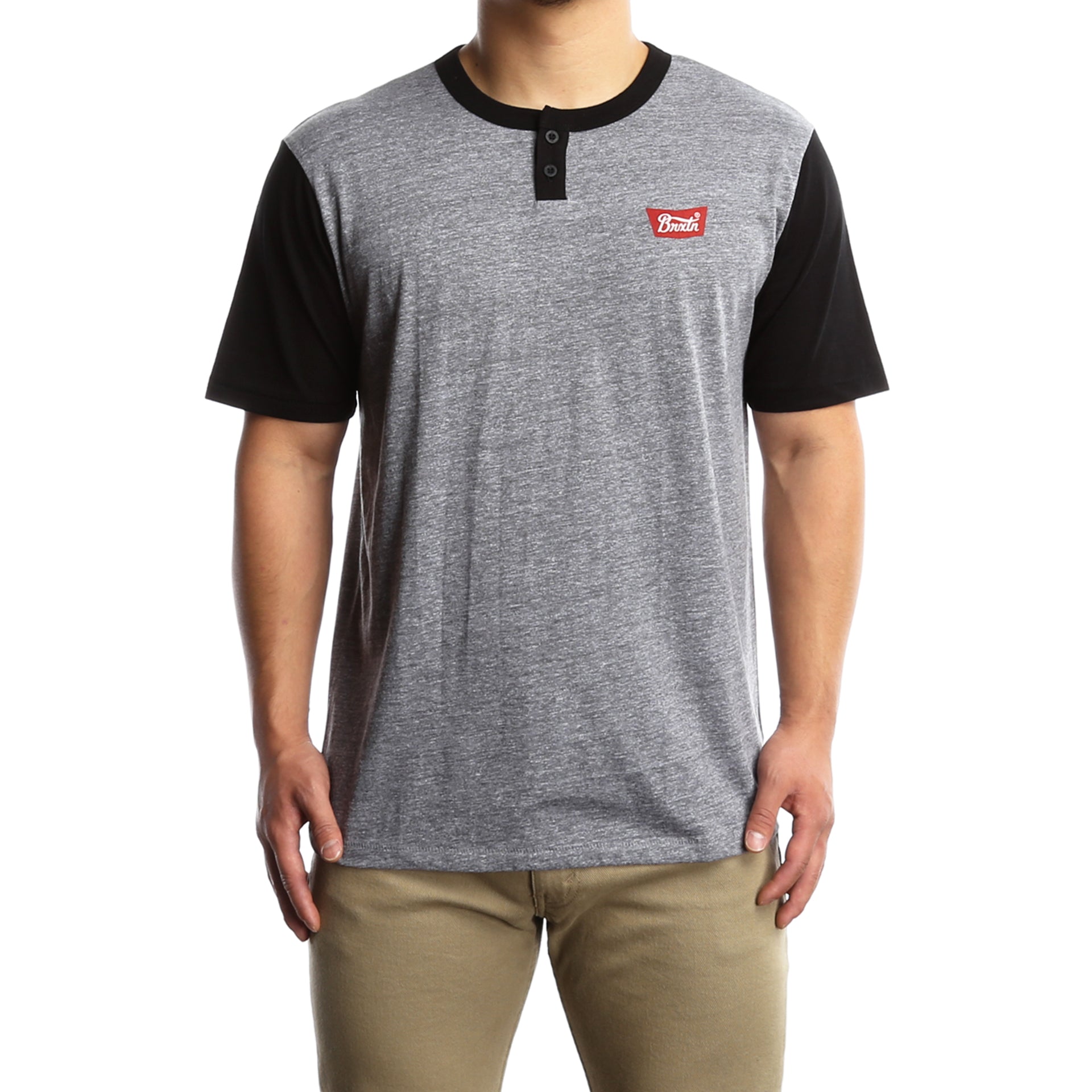 Brixton Stith Short Sleeve Henley Shirt for Men - Heather Grey & Black - Casual Wear, Summer Outfits, and Everyday Comfort