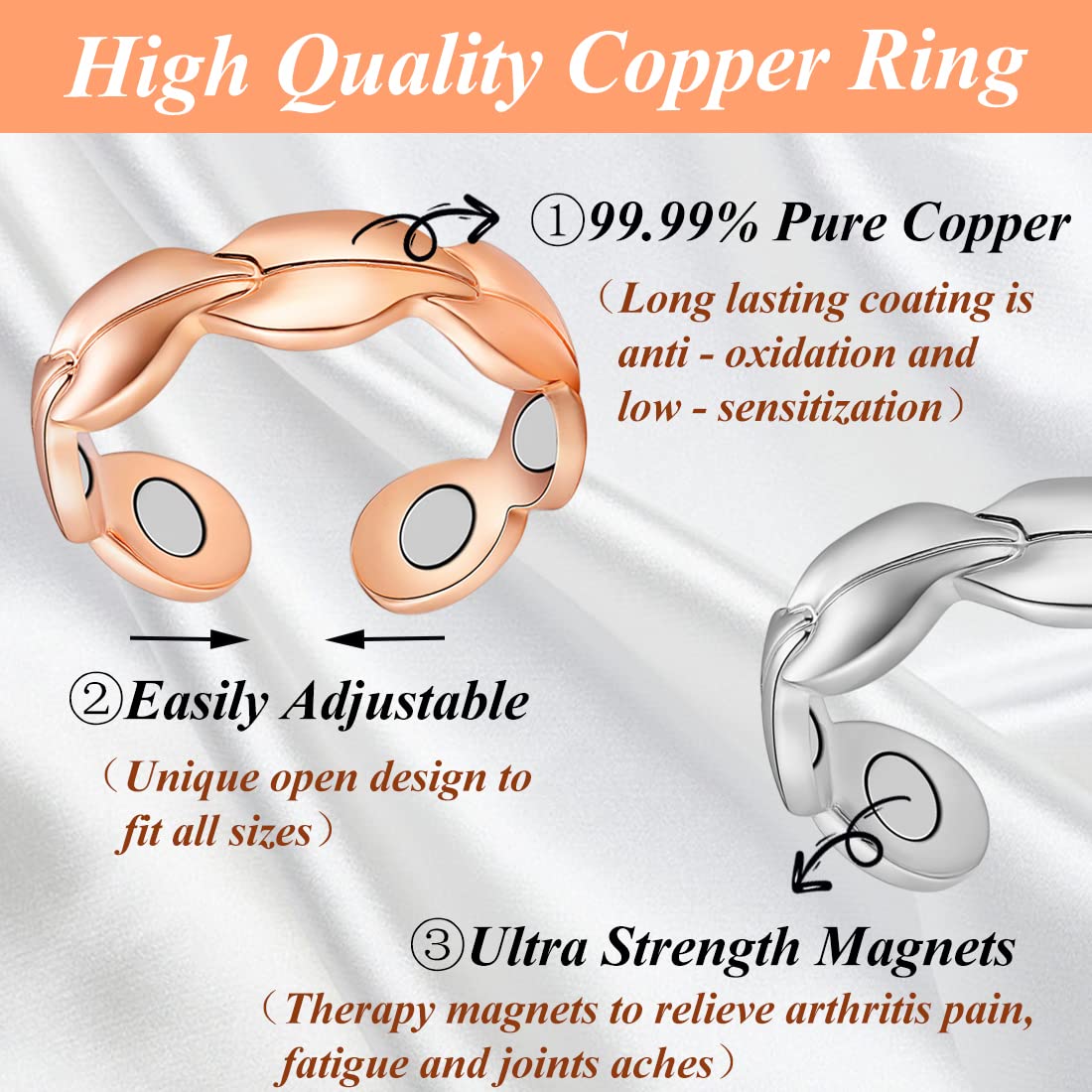 2PCS Adjustable Copper Rings for Women - Calmi & Tensor Rings for Stress Relief, Healing & Energy Balancing - Perfect for Meditation, Yoga & Everyday Wear