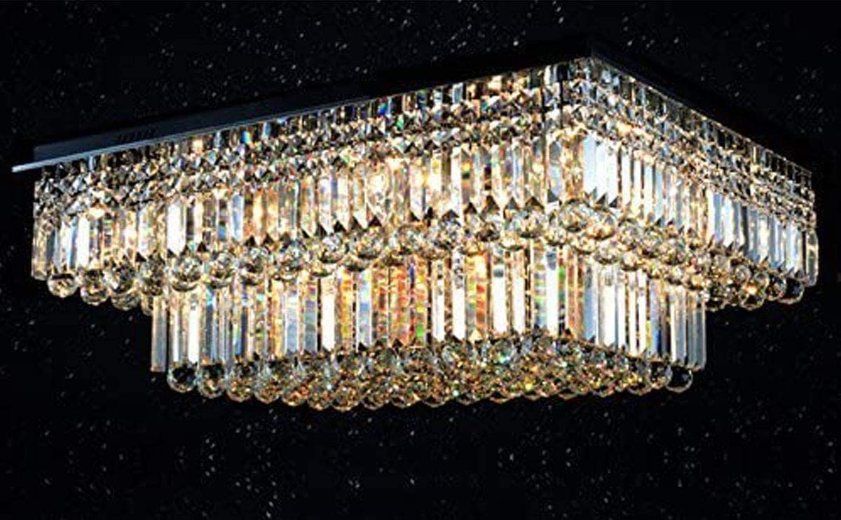 Siljoy Modern Luxury Gold K9 Crystal Chandelier - 2-Tier Rectangular Raindrop Design for High Ceilings (35.4