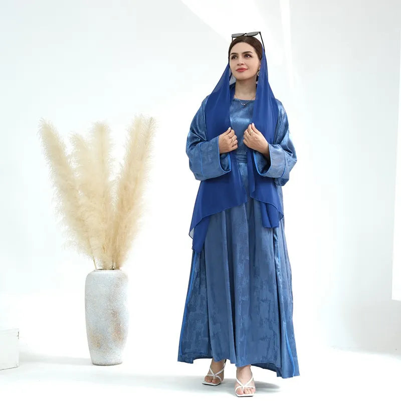 Elegant Jacquard Satin 2-Piece Muslim Women's Open Abaya Dress Set - Perfect for Prayer, Eid, and Special Occasions