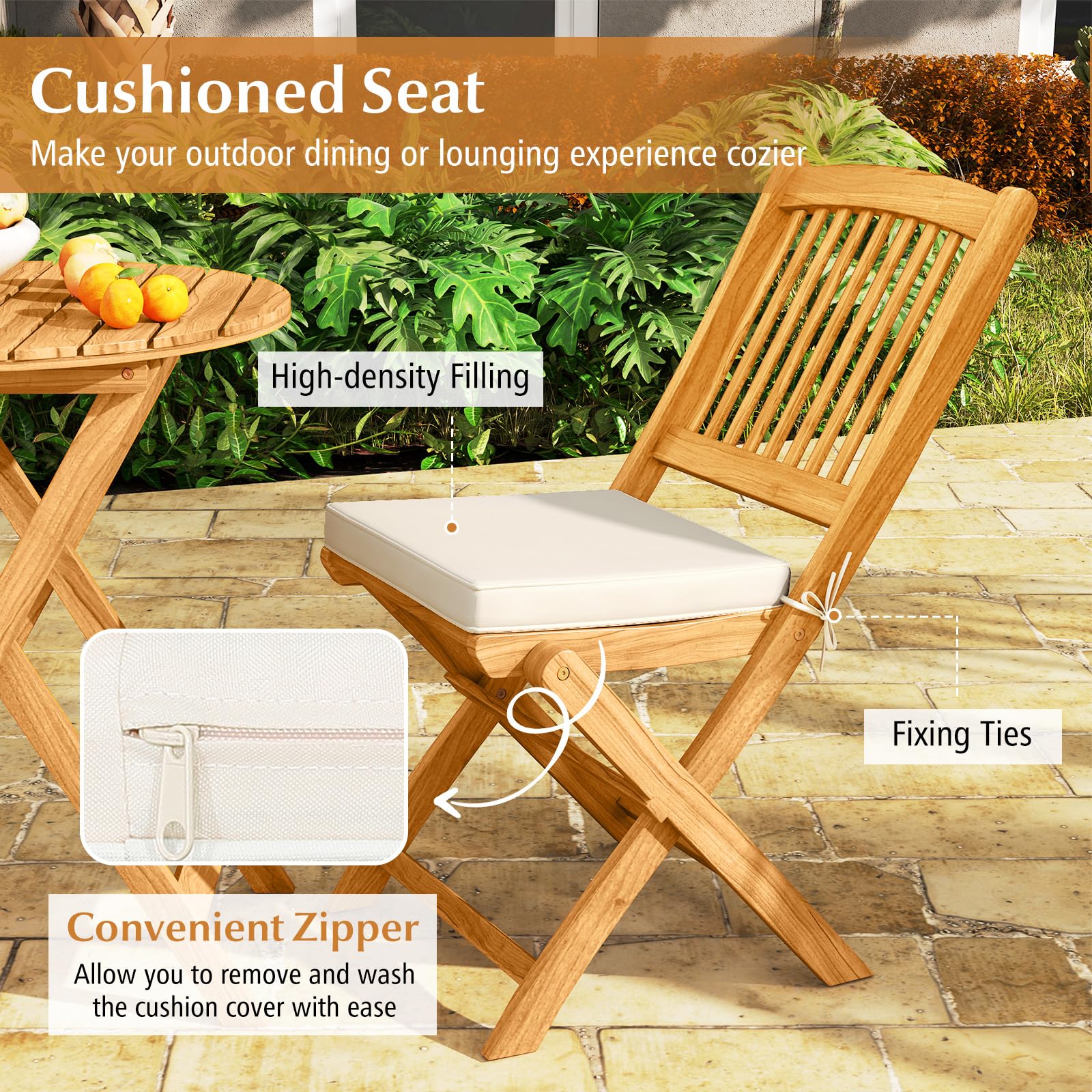 Tangkula 3-Piece Acacia Wood Patio Bistro Set with Cushions - Outdoor Folding Table & Chairs for Garden, Deck, Balcony, Backyard - Perfect for Dining, Relaxing & Entertaining