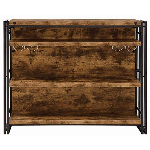 Industrial Style Home Bar Counter Unit with Stemware Rack - Antique Nutmeg Finish for Modern Kitchen, Dining Room or Man Cave Decor