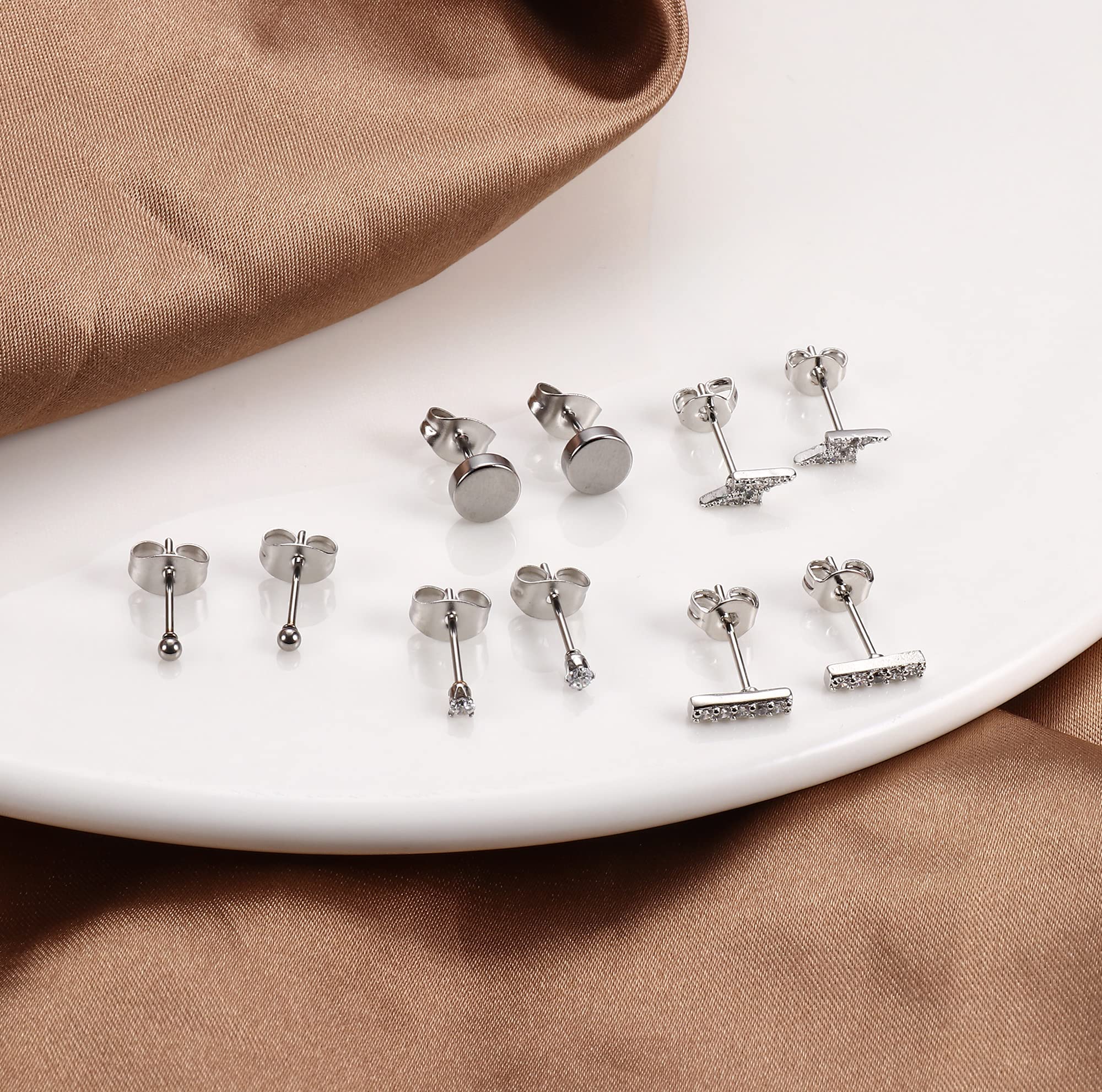 FASACCO 9 Pairs Small Huggie Hoop Earrings & CZ Bar Stud Earrings Set for Multiple Piercing - Minimalist Dot Studs for Women, Girls | Everyday Wear, Parties, Gifts