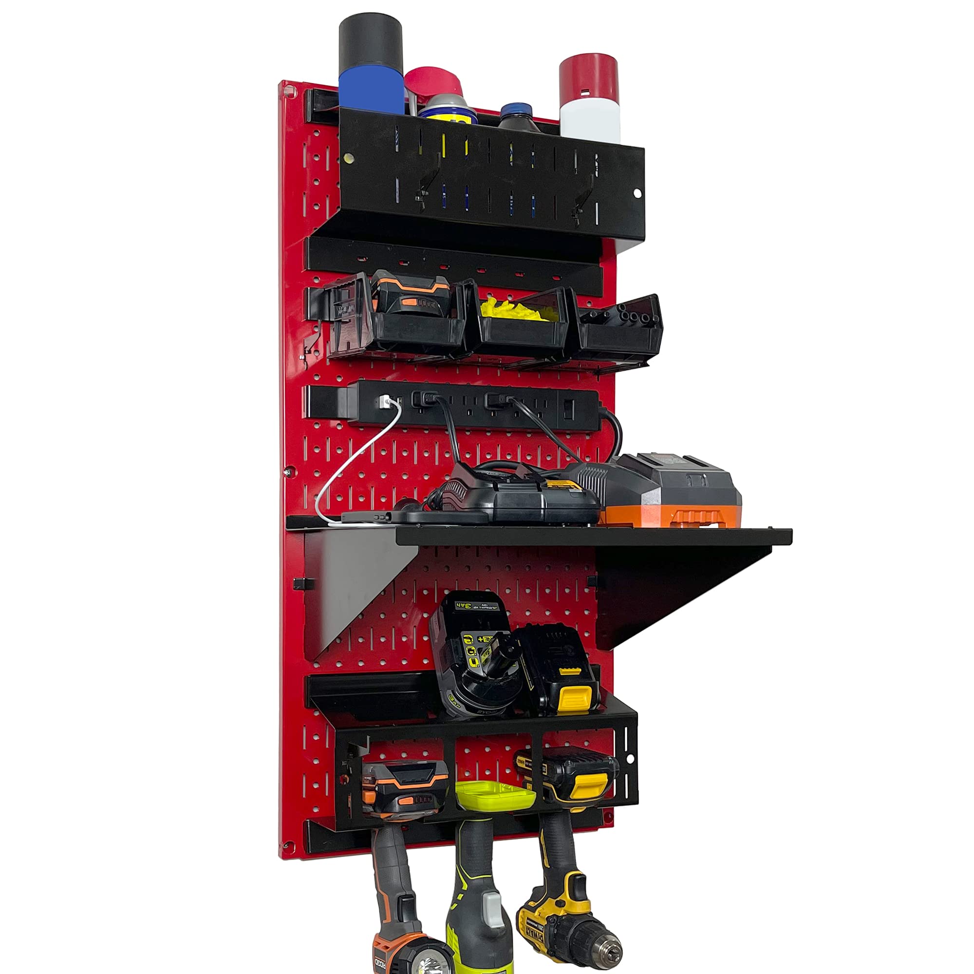 Wall Control Power Tool Storage Organizer Kit - 16”x32” Metal Pegboard with Drill Holder & Charging Station | Heavy-Duty Workshop Organization System (Red) | Perfect for Garage, Shed & DIY Workspace