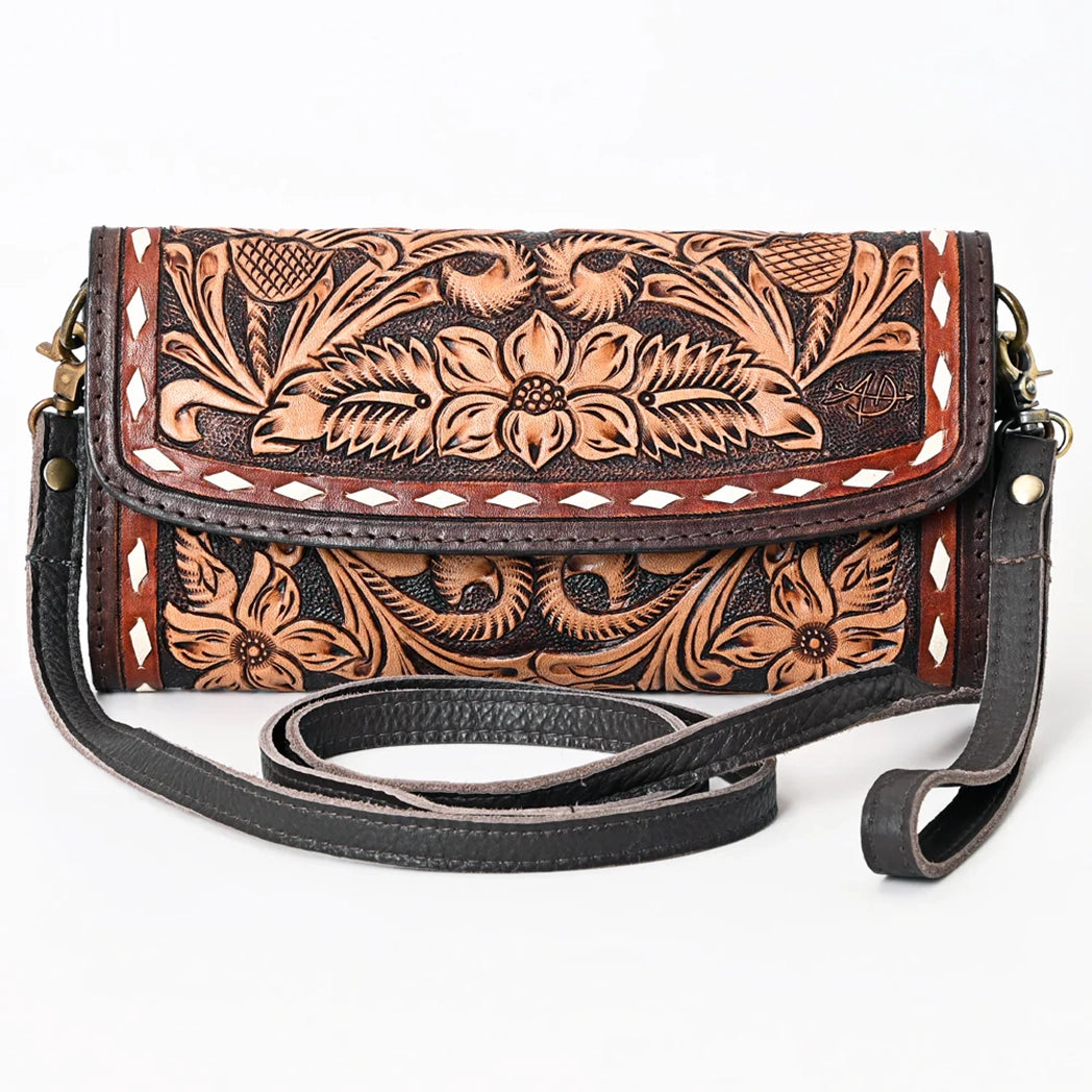American Darling Hand-Tooled Buckstitch Leather Purse for Women - Vintage Western Style Crossbody Bag for Cowgirl, Rodeo & Country Fashion
