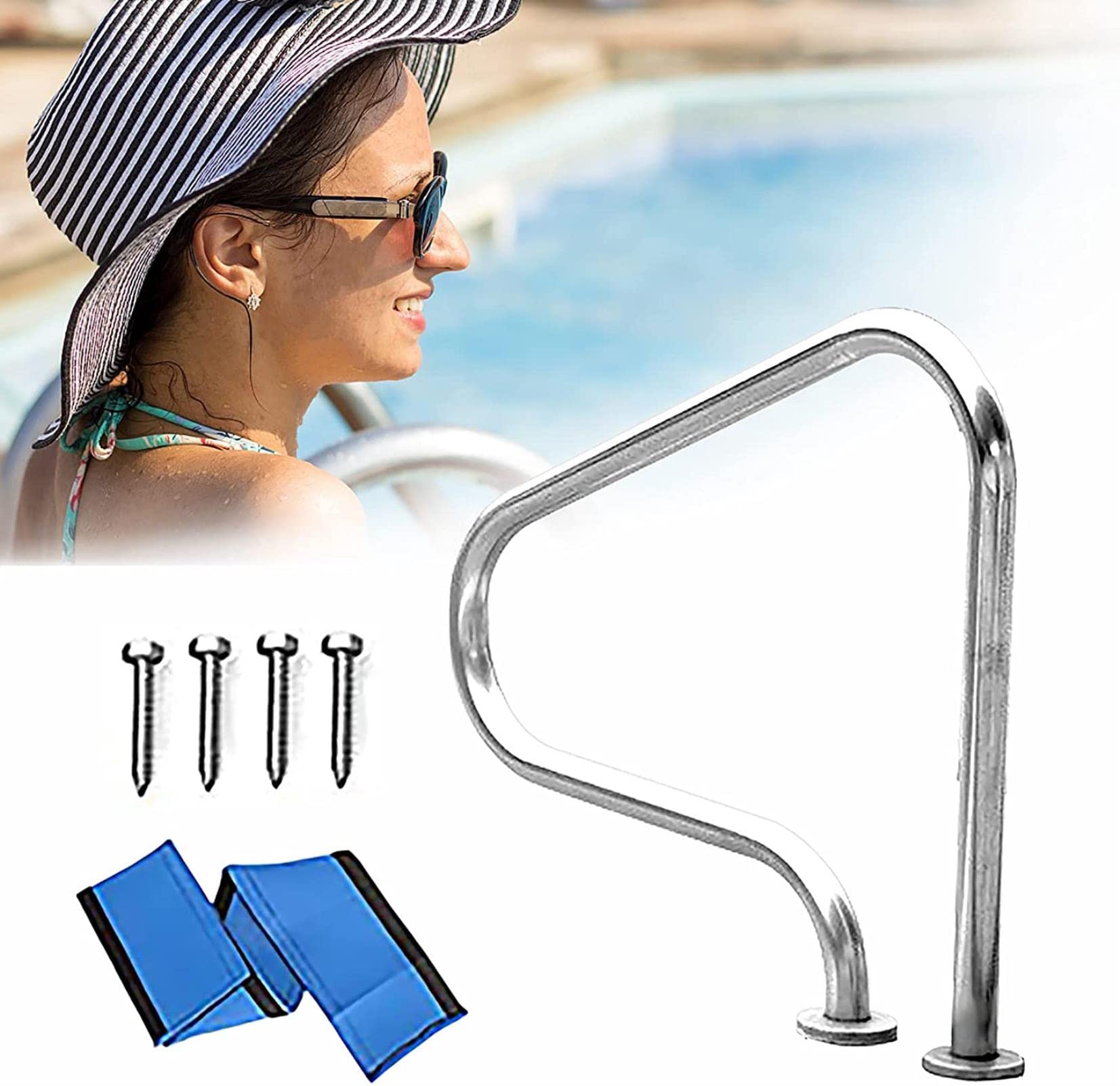 Stainless Steel Swimming Pool Handrails with Flange - Quick Installation Base Safety Railings (80CM) for Inground Pool Entrance - Durable & Rustproof Pool Ladder Handrail for Elderly & Kids Safety at Poolside