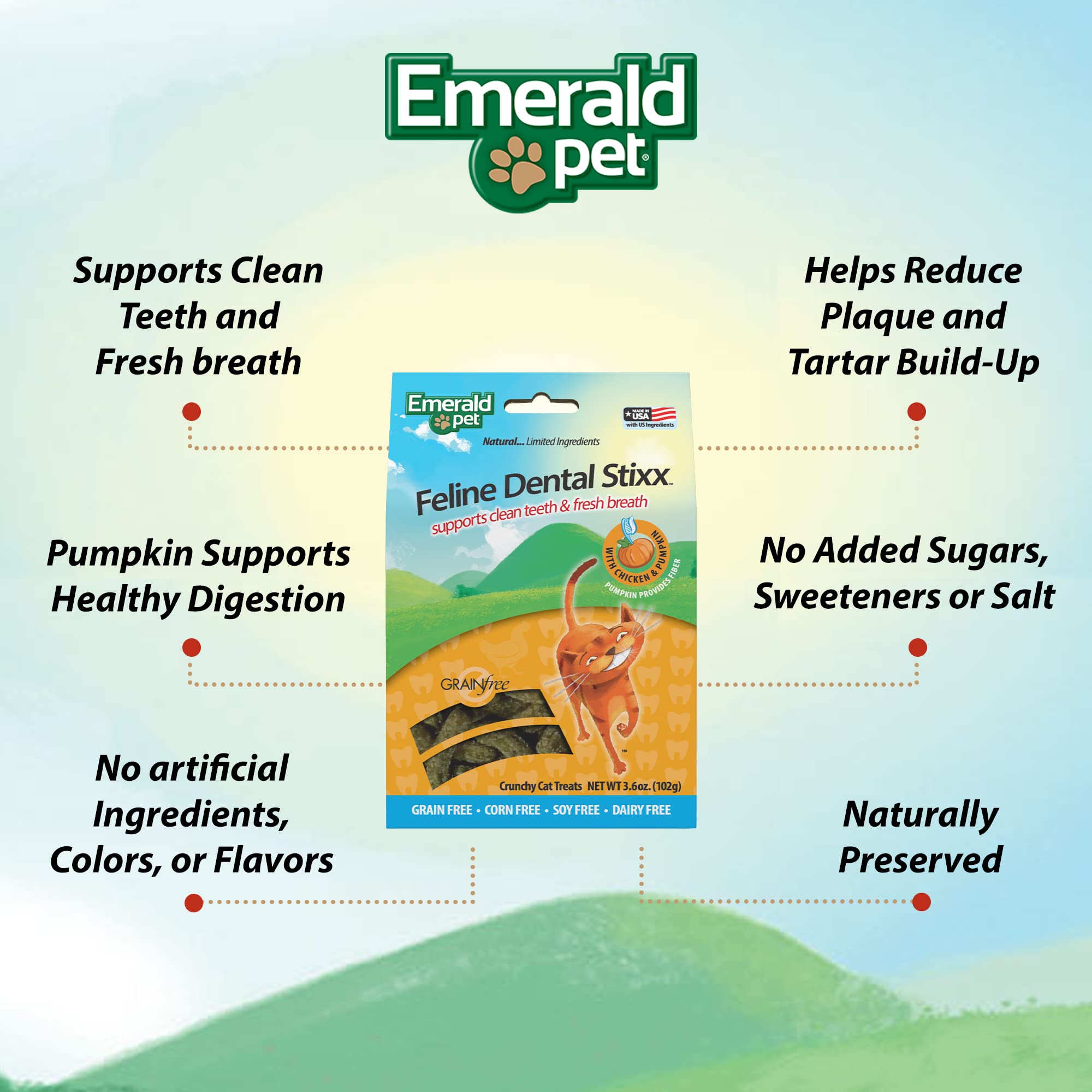 Emerald Pet Feline Dental Stixx - Grain Free Cat Dental Treats with Pumpkin for Digestive Health & Fresh Breath - Crunchy Chicken Flavor Dental Sticks for Clean Teeth - 3.6 oz - Perfect for Daily Oral Care & Playtime Rewards