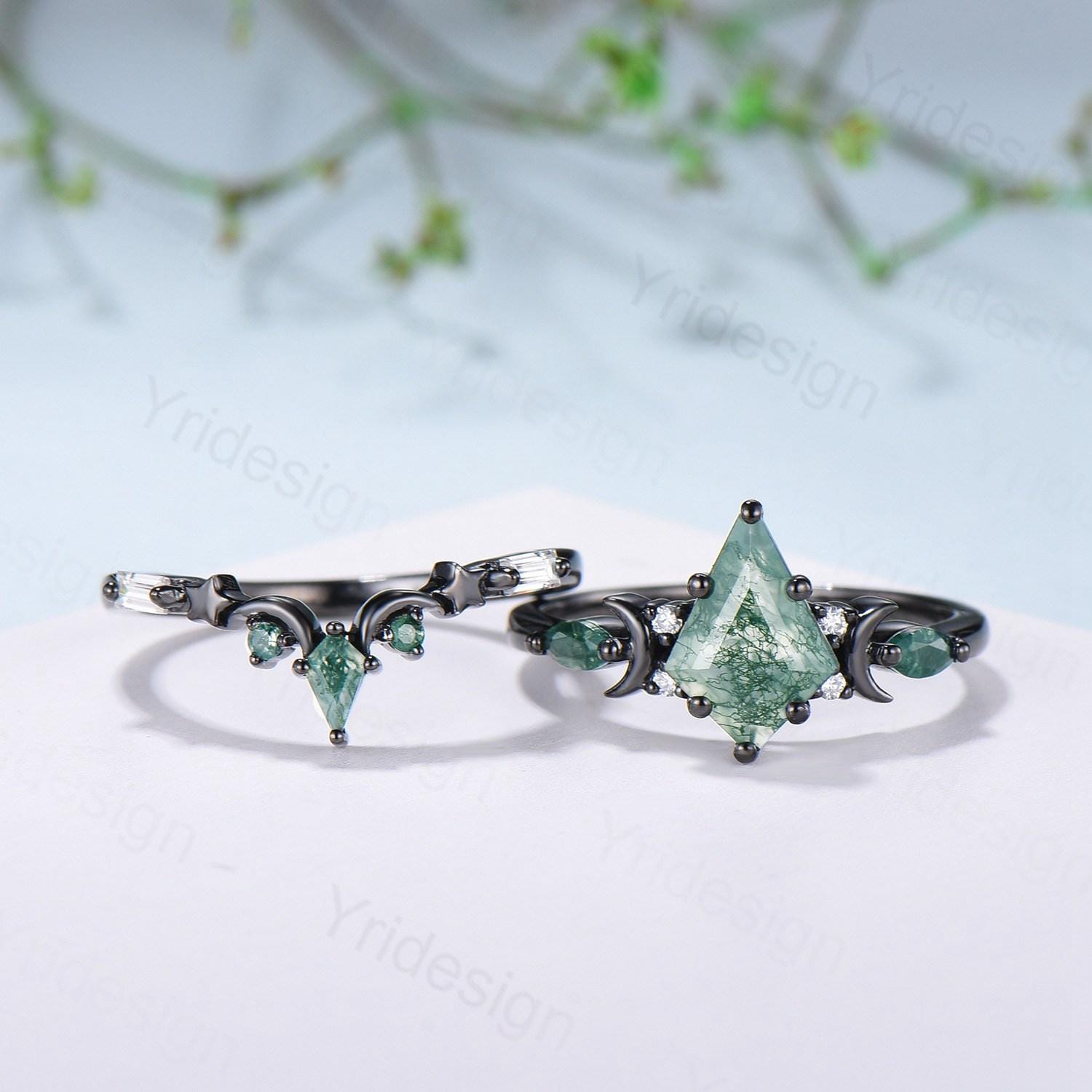 Black Gold Kite Cut Moss Agate Ring - Unique Crescent Moon Star Engagement Ring, Art Deco Bridal Wedding Set, Handmade Anniversary Gift for Women - Perfect for Proposals, Weddings & Romantic Occasions