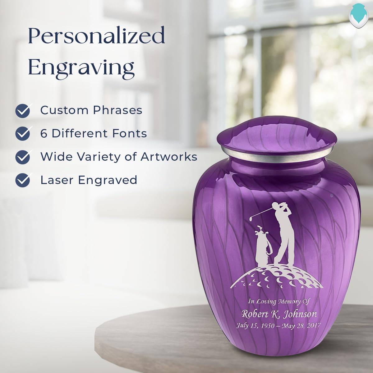 Personalized Golf Cremation Urns for Adults - Large Pearl Purple Funeral Urn for Men & Women with Double-Side Engraving (Holds 200 lbs) | Memorial Keepsake for Golf Lovers, Perfect for Home Display or Cemetery Placement