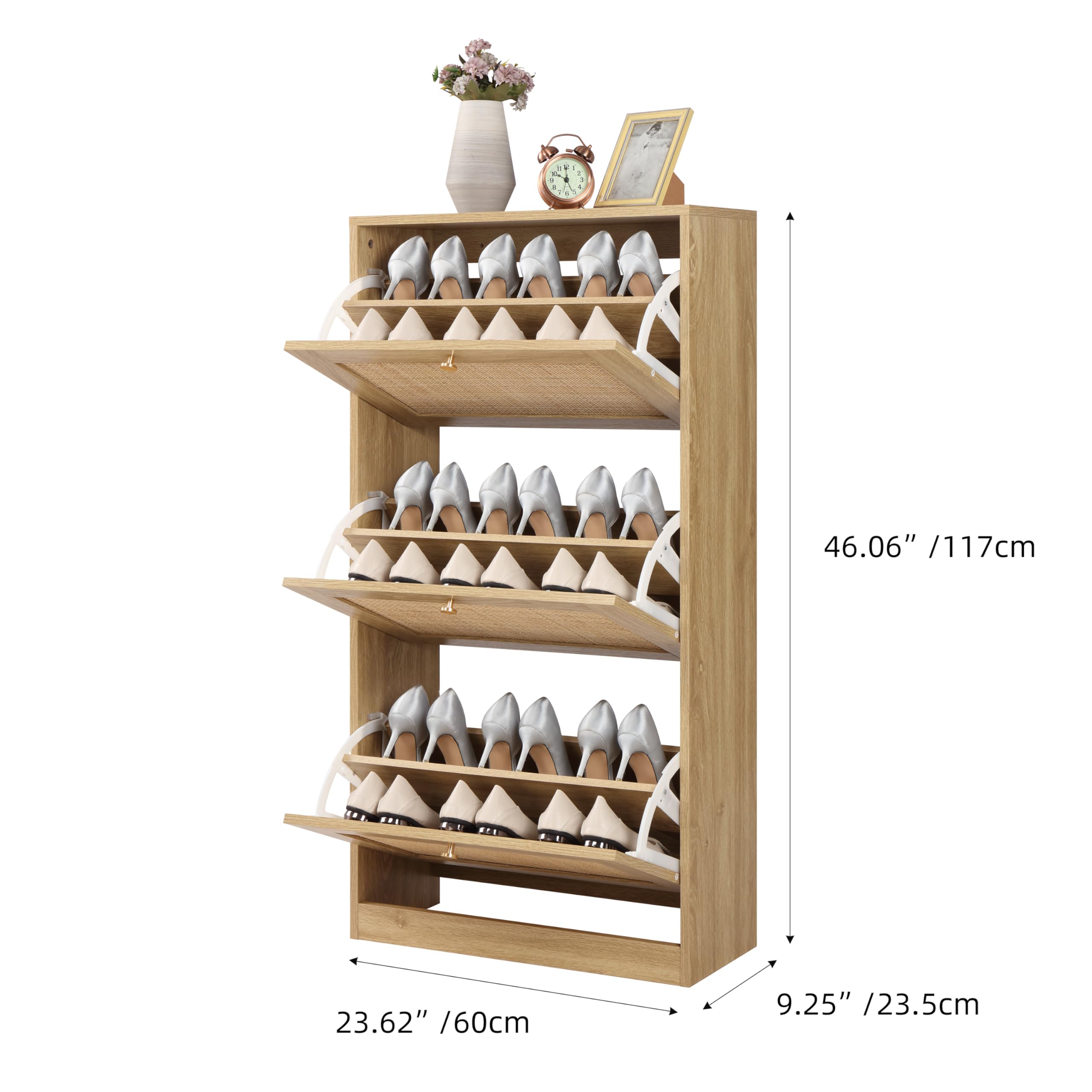 Finnhomy 3-Tier Shoe Cabinet with Natural Rattan Flip Drawers - Free Standing Slim Shoe Storage Organizer for Entryway, Large Top Board & Adjustable Width Drawers - Perfect for Small Spaces, Apartments & Closet Organization