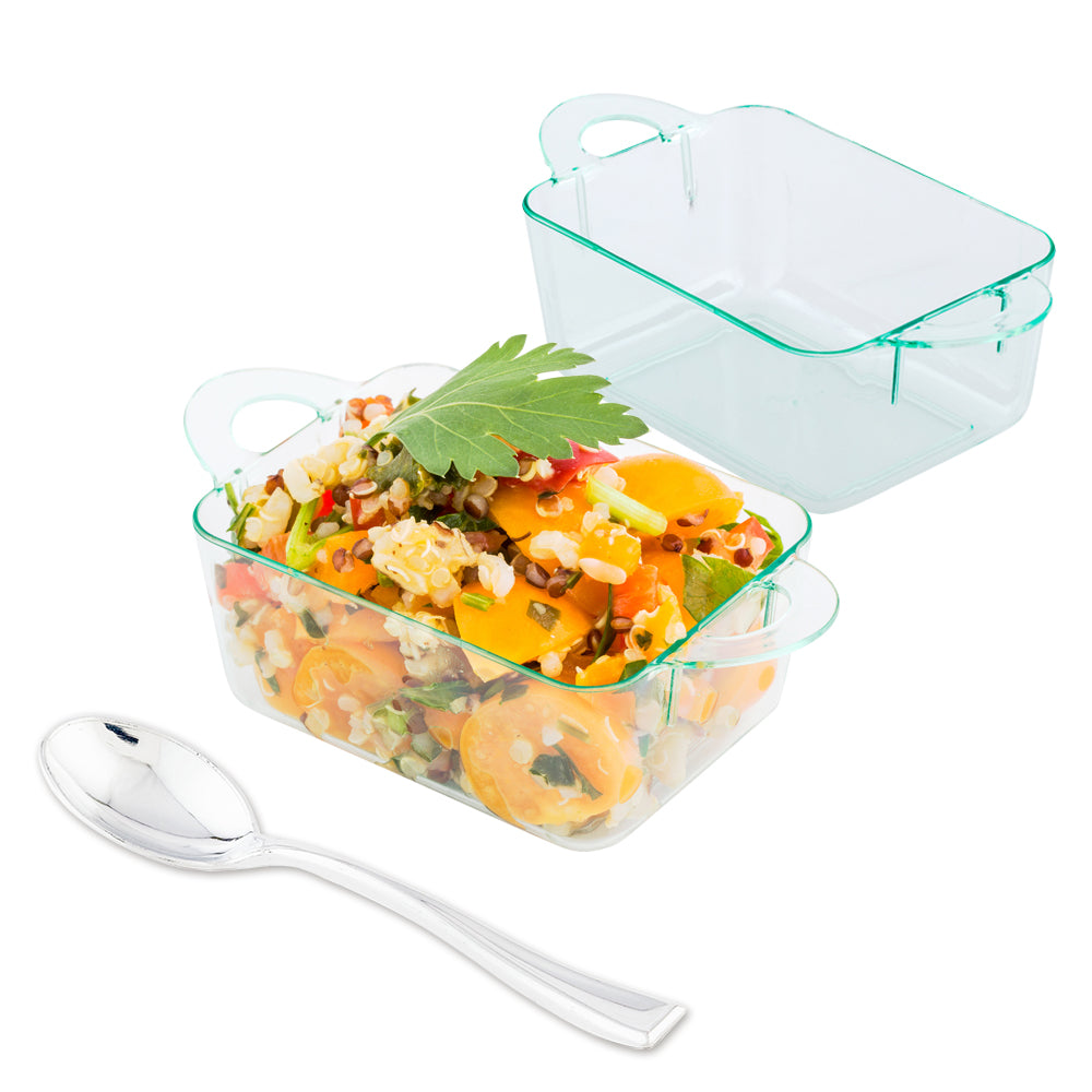 100-Pack 3 oz Rectangle Seagreen Plastic Ramekins with 100 Silver Mini Plastic Spoons - Perfect for Party Desserts, Catering, and Home Baking