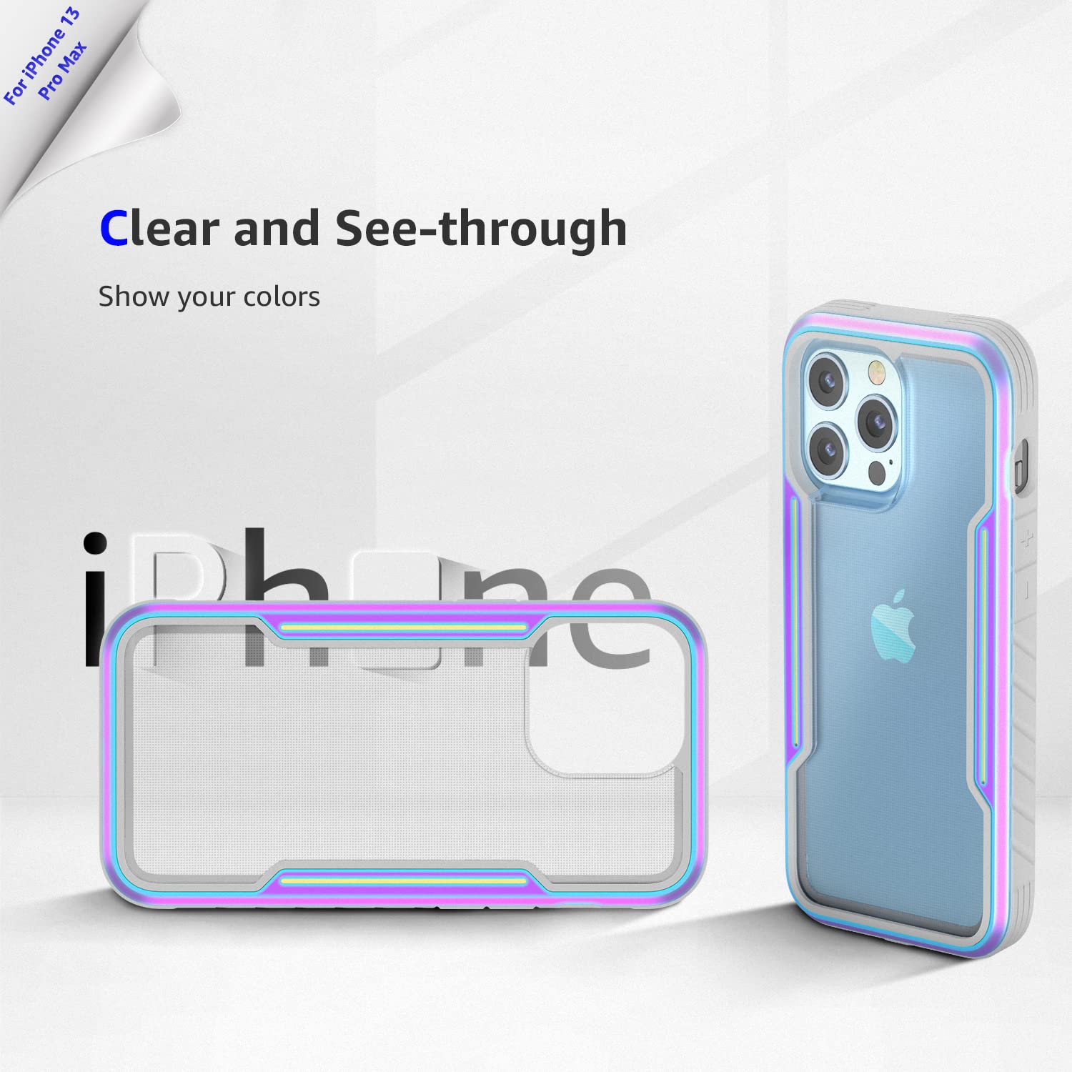 Shockproof iPhone 13 Pro Max Case (2021) - Clear Soft Silicone Protective Cover with Rugged Aluminum Bumper | 6.7 Inch Durable Phone Case in Iridescent Gray | Perfect for Outdoor Activities, Work & Daily Protection