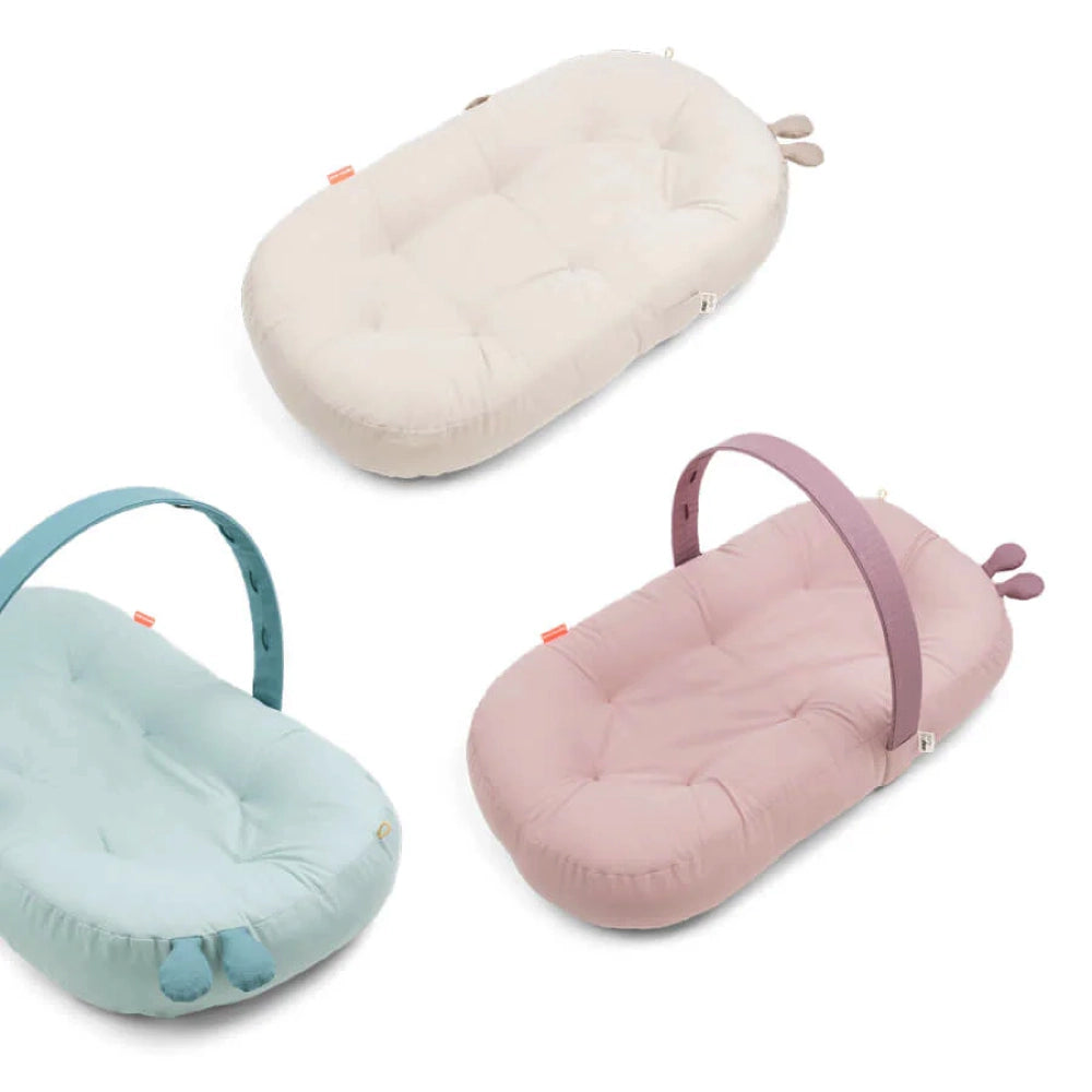 Done by Deer Cozy Lounger with Activity Arch - Soft Baby Playmat & Infant Lounger for Newborns - Interactive Toys for Tummy Time & Play - Raffi Blue - Perfect for Nursery, Daycare & On-the-Go