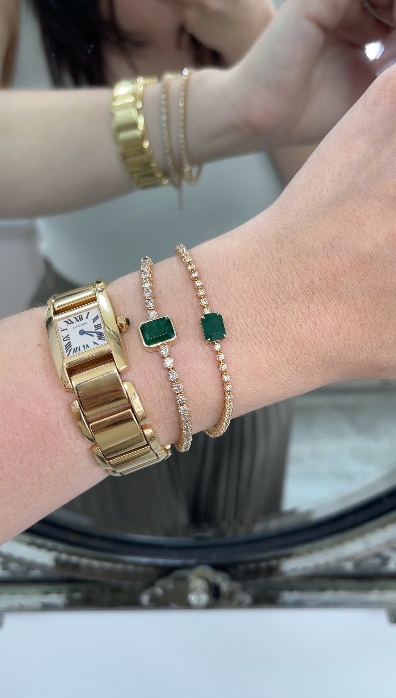 5.86tcw Vivid Green Bezel Emerald & Diamond Tennis Bracelet in 14K Gold - Elegant Jewelry for Women, Perfect for Weddings, Parties & Special Occasions