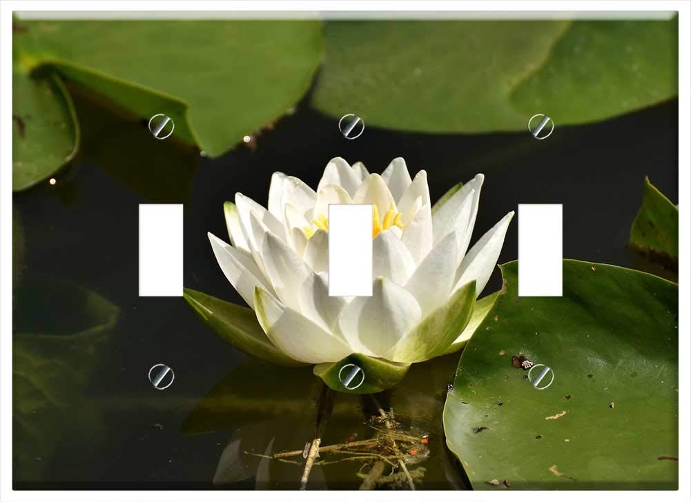 Triple Toggle Switch Plate Cover - Water Lilies White Summer Pond Design for Home Decor | Perfect for Living Room, Bedroom & Bathroom Electrical Outlets