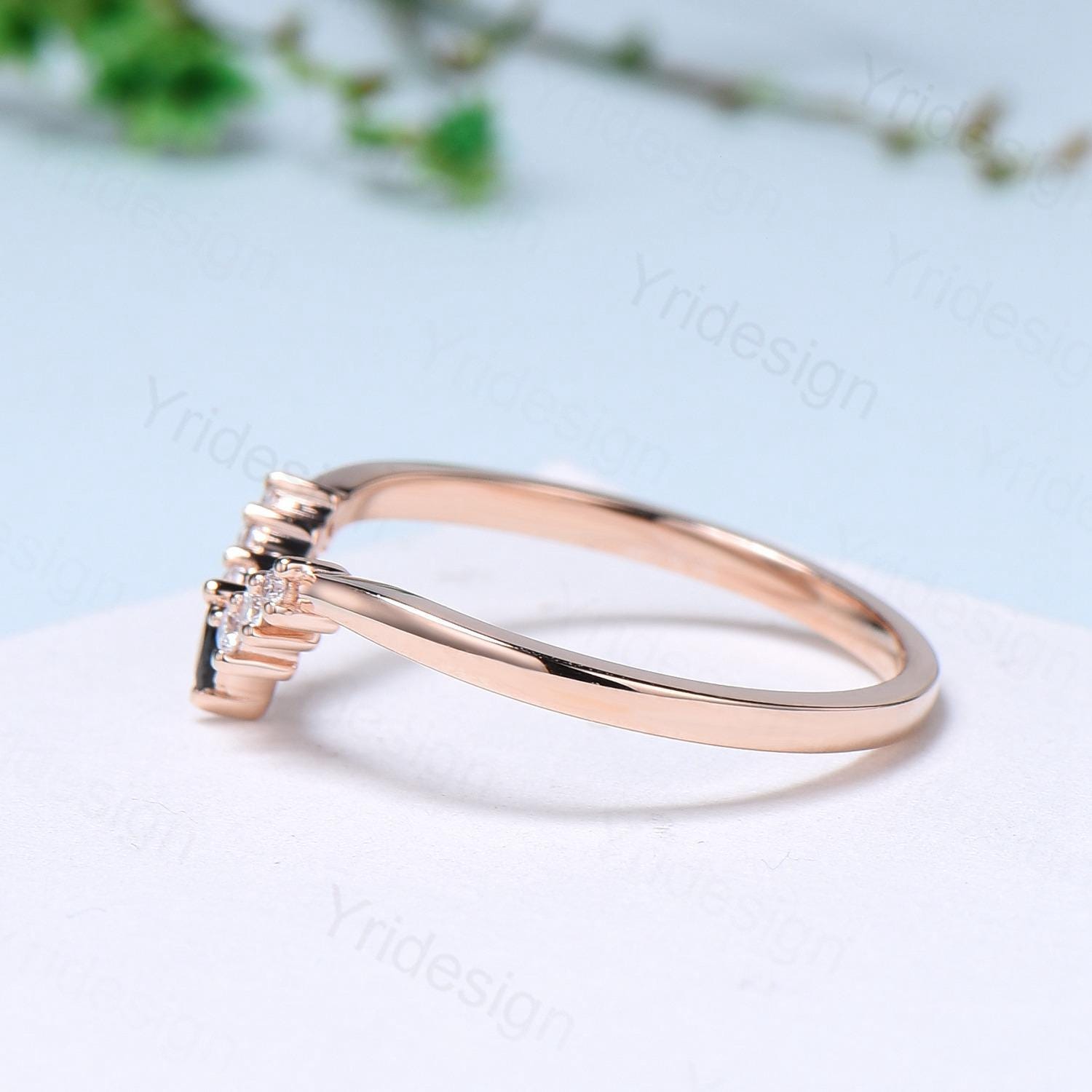 14K Rose Gold Curved Wedding Band for Women - Lab Grown Diamond & Black Spinel Art Deco Stacking Ring - Custom Matching Anniversary Jewelry Gift for Brides, Wives, and Couples - Perfect for Weddings, Engagements, and Special Occasions