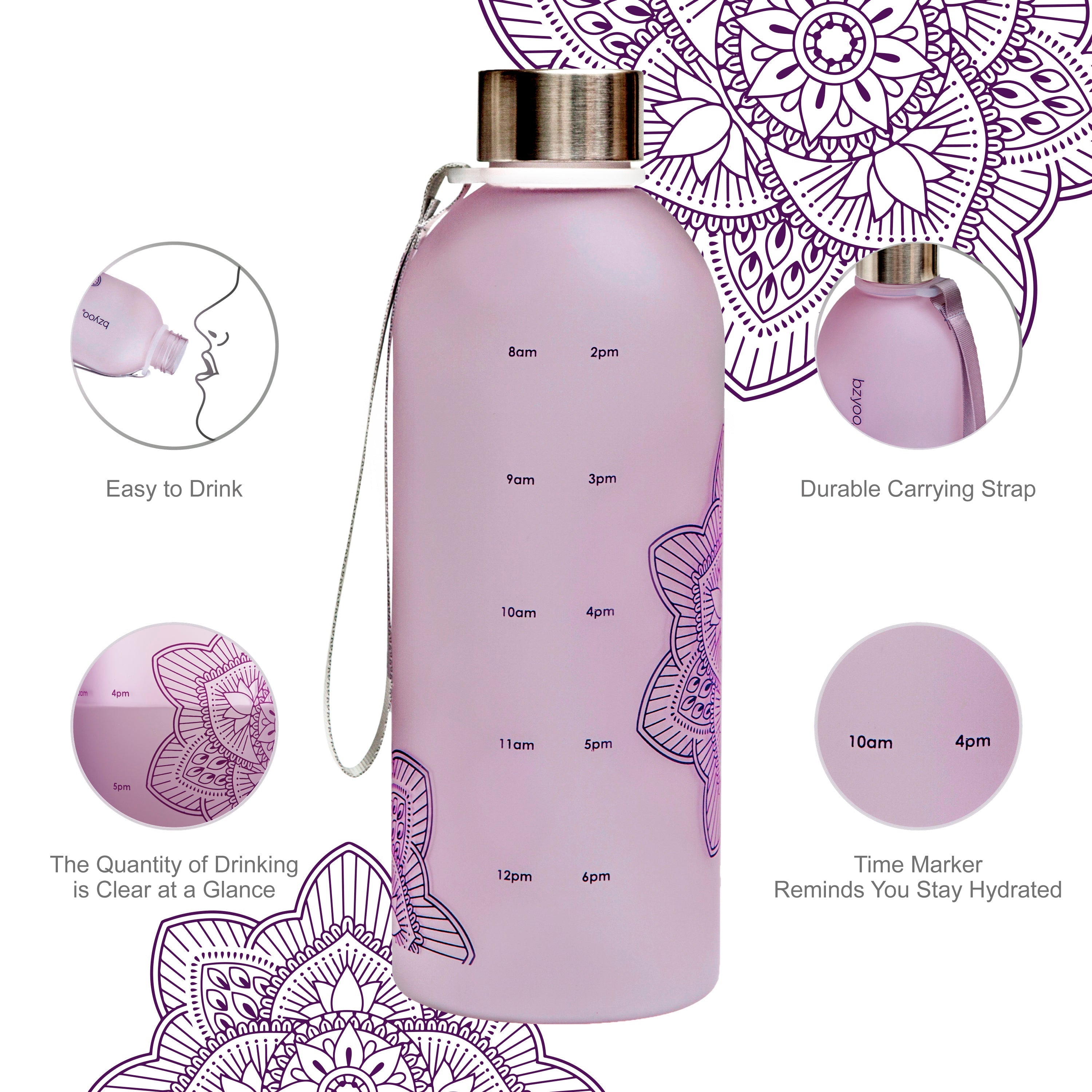 32oz La La Mandala Time Marker Tritan Water Bottle with Carrying Strap - BPA Free Leak Proof Water Bottle for Gym, Yoga, Hiking & Outdoor Activities - Purple