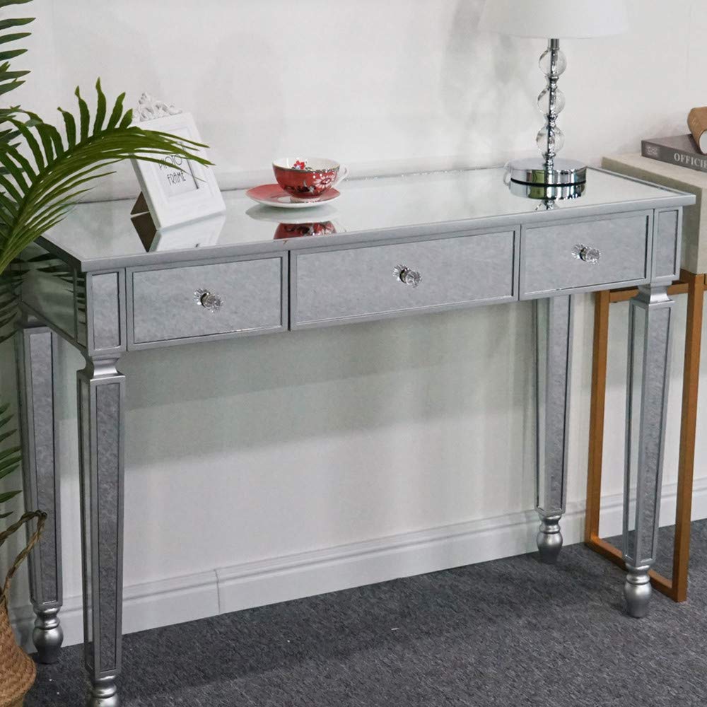 Modern Silver SSLine Mirrored Console Table - Makeup Vanity Dressing Table with 3 Drawers, Sofa Side Table & Media Desk for Bedroom, Entryway, Home Office & Hallway Decor