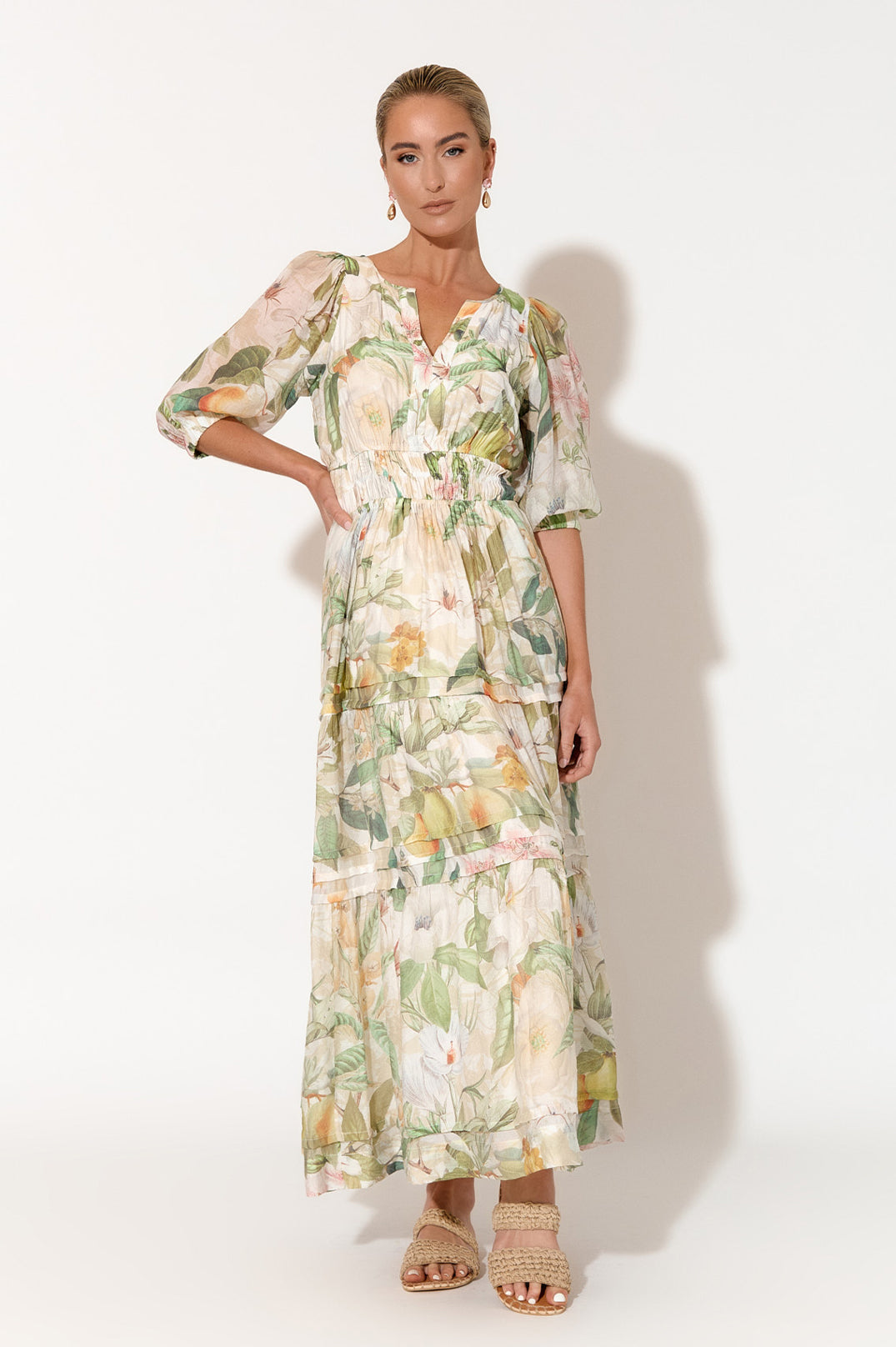 Eliana Adelaide Print Three Quarter Sleeve Dress - Floral Summer Midi Dress for Women | Perfect for Office, Party & Date Night Outfits