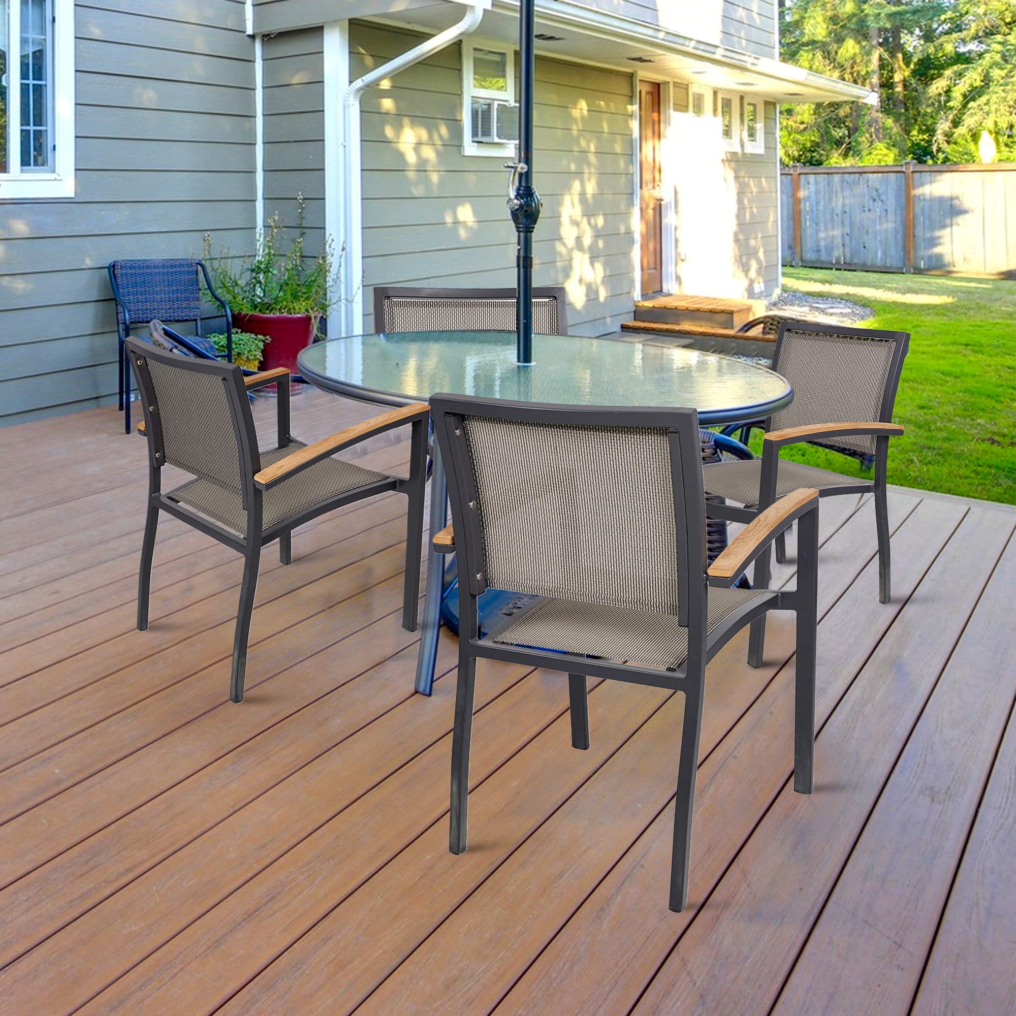 TRY & DO 4-Piece Patio Dining Chairs Set - Stackable Outdoor Chairs with Textilene Mesh & Aluminum Frame - Perfect for Garden, Balcony, Lawn, Deck & Indoor Use - Comfortable Armrest Dining Furniture for Backyard BBQs & Outdoor Entertaining