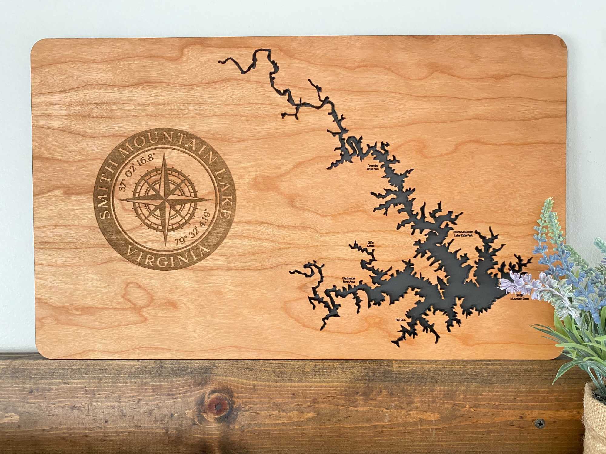 Custom Wooden Map of Smith Mountain Lake Virginia - Handcrafted Wood Wall Art - Unique Virginia Gift in Cherry Finish - Perfect for Home Decor, Office, or Cabin Wall Art