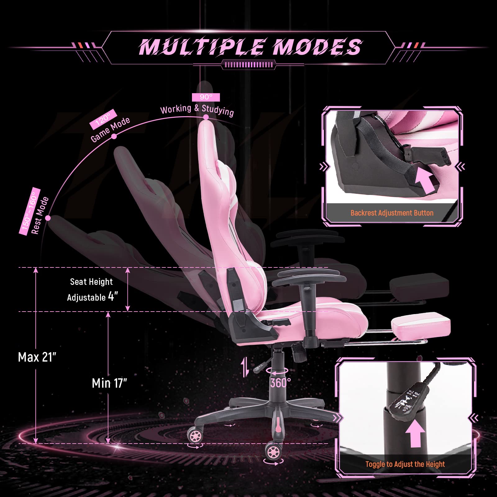 Ergonomic Gaming Chair High Back Racing Office Chair with Adjustable Height, Footrest & Lumbar Support - White & Pink - Perfect for PC Gaming, Esports, Home Office & Streaming Setup