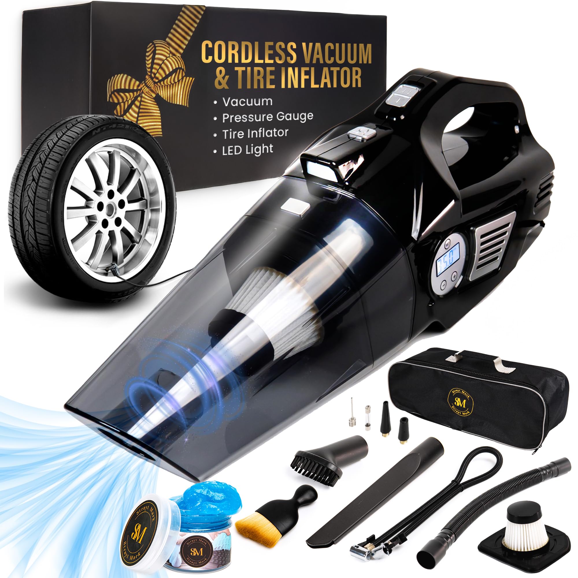 4-in-1 Cordless Car Vacuum Cleaner with Tire Inflator, Digital Pressure Gauge, LED Light & Cleaning Kit - Portable Handheld Vacuum for Car Interior, Home & Office Cleaning - Perfect for Pet Hair, Dust & Debris Removal