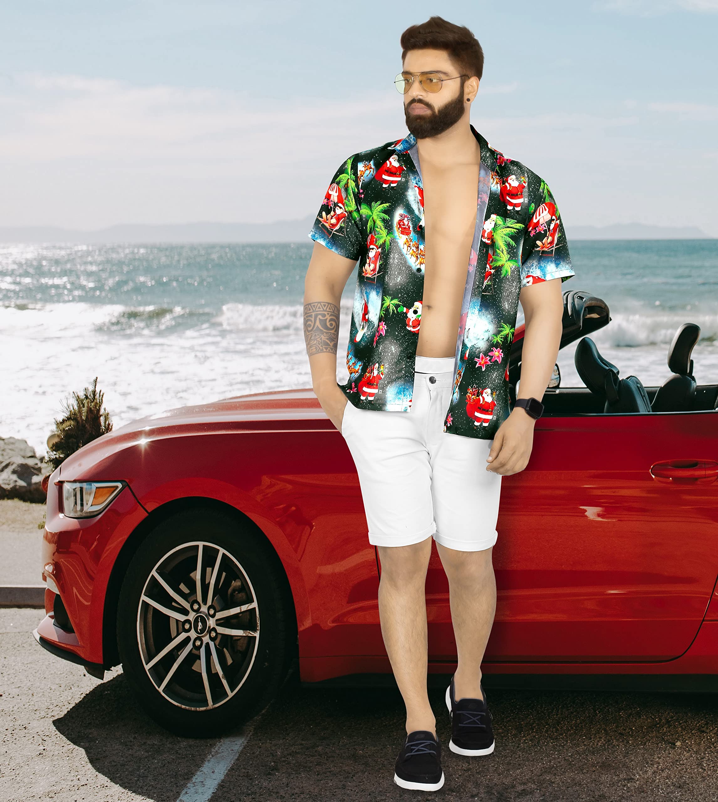 Happy Bay Men's Hawaiian Christmas Tree Short Sleeve Button Down Shirt - Tropical Vacation Beach Shirt for Men - Perfect for Luau Parties, Summer Holidays & Casual Wear