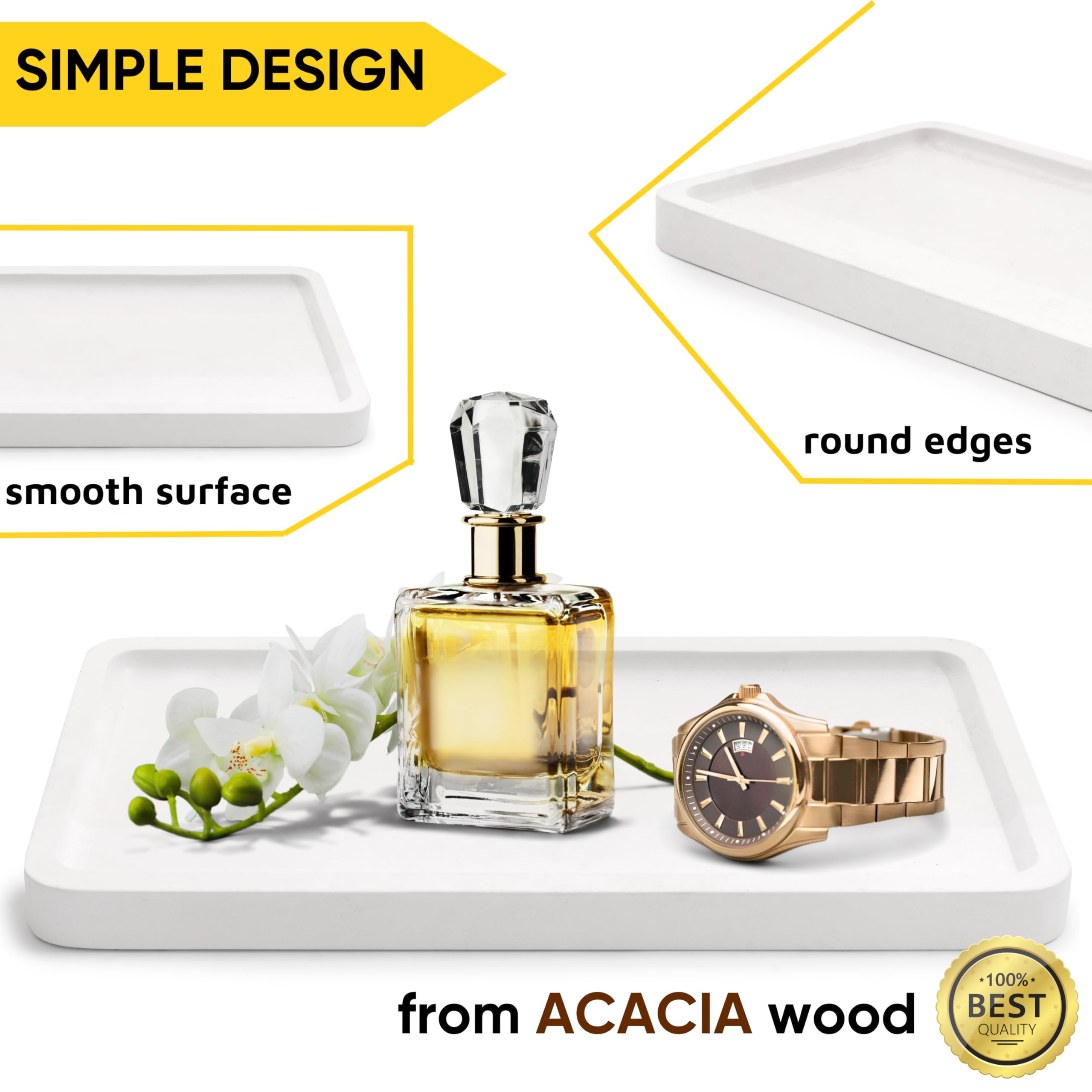 KOLWON Bathroom Vanity Tray - Elegant Acacia Wood Organizer for Cosmetics, Jewelry & Perfume | 11.8 x 5.9 Inch Countertop Tray for Bathroom, Kitchen, Dresser & Toilet Tank | Perfect for Home Decor, Spa Days & Gift Giving (1, White)