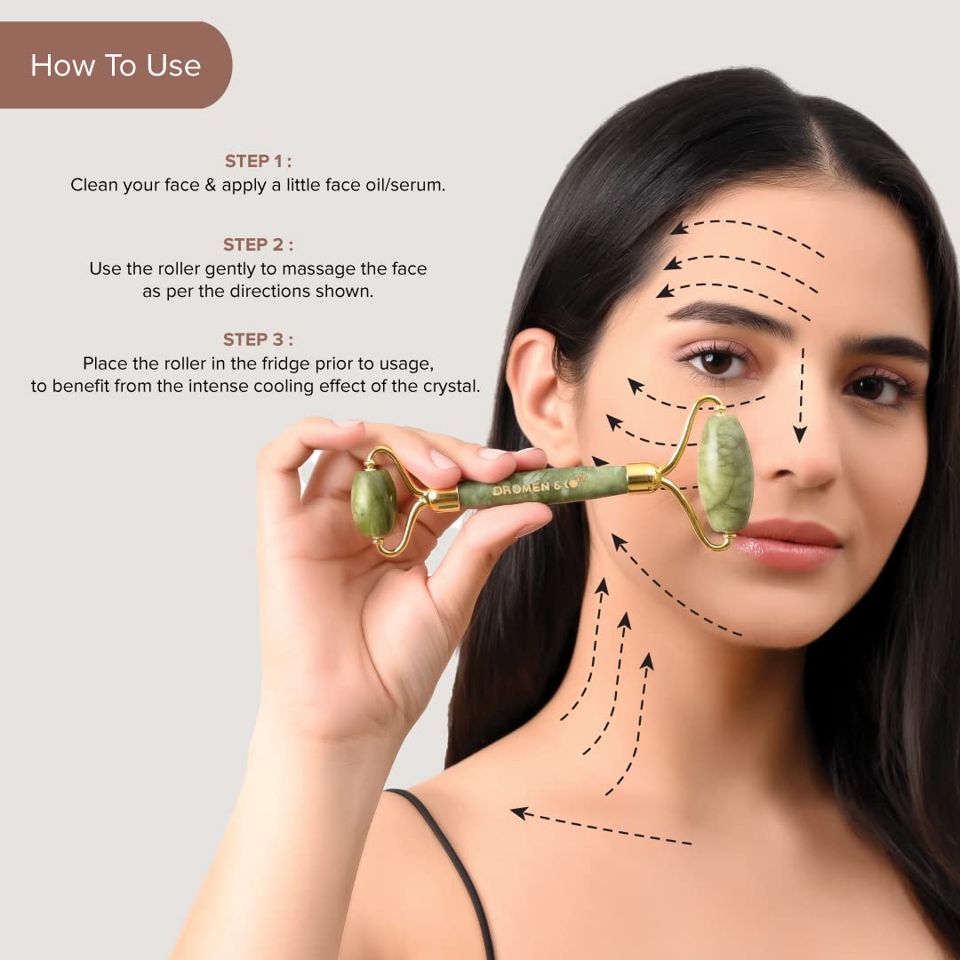 Dromen & Co Jade Facial Roller - Natural Jade Stone Face Massager for Reducing Fine Lines & Wrinkles | Gua Sha Alternative for Skincare Routine | Perfect for Morning & Night Facial Massage, Stress Relief & Lymphatic Drainage